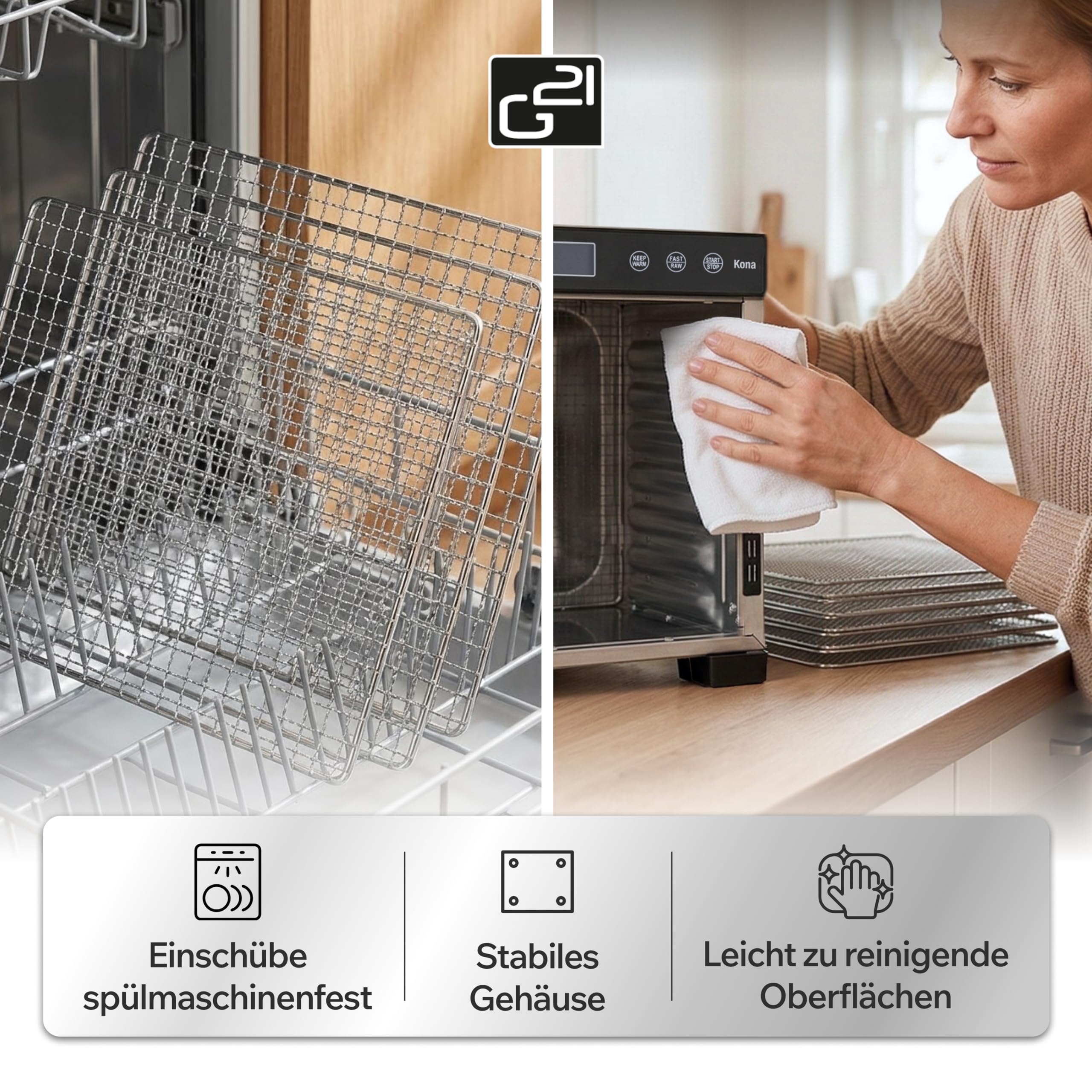 G21 Kona Edelstahl Dörrgerät 7 Ebenen 0,48 m² | 7 Edelstahl-Gitter, 0,48 m² Trockenfläche, 35–75 °C, 48h Timer, 600W