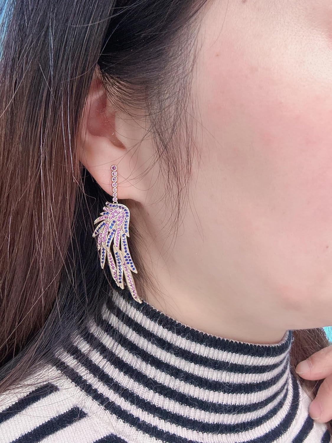 S925 Sterling Silver Post Dangle Drop Angel Wings Earrings for Women Cubic Zirconia Crystal Guardian Angle Dangling statement Earrings for Wife Mom Her - Image 3