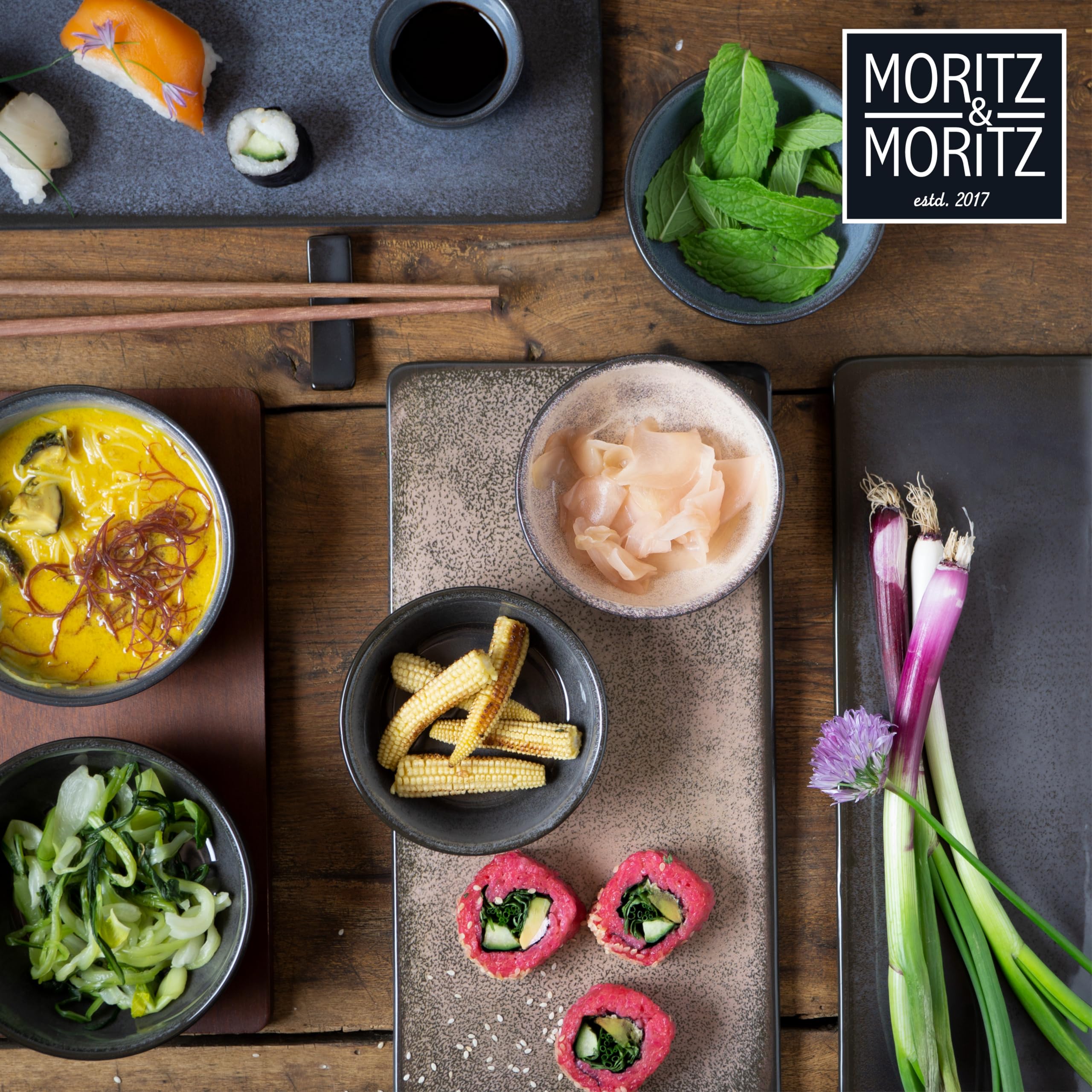 Moritz & Moritz Set di stoviglie per sushi per 2 persone - 10 pezzi - Set per servire il sushi con 3 piatti per sushi - 2x piatti per sushi, ciotola per miso, ciotoline e bacchette