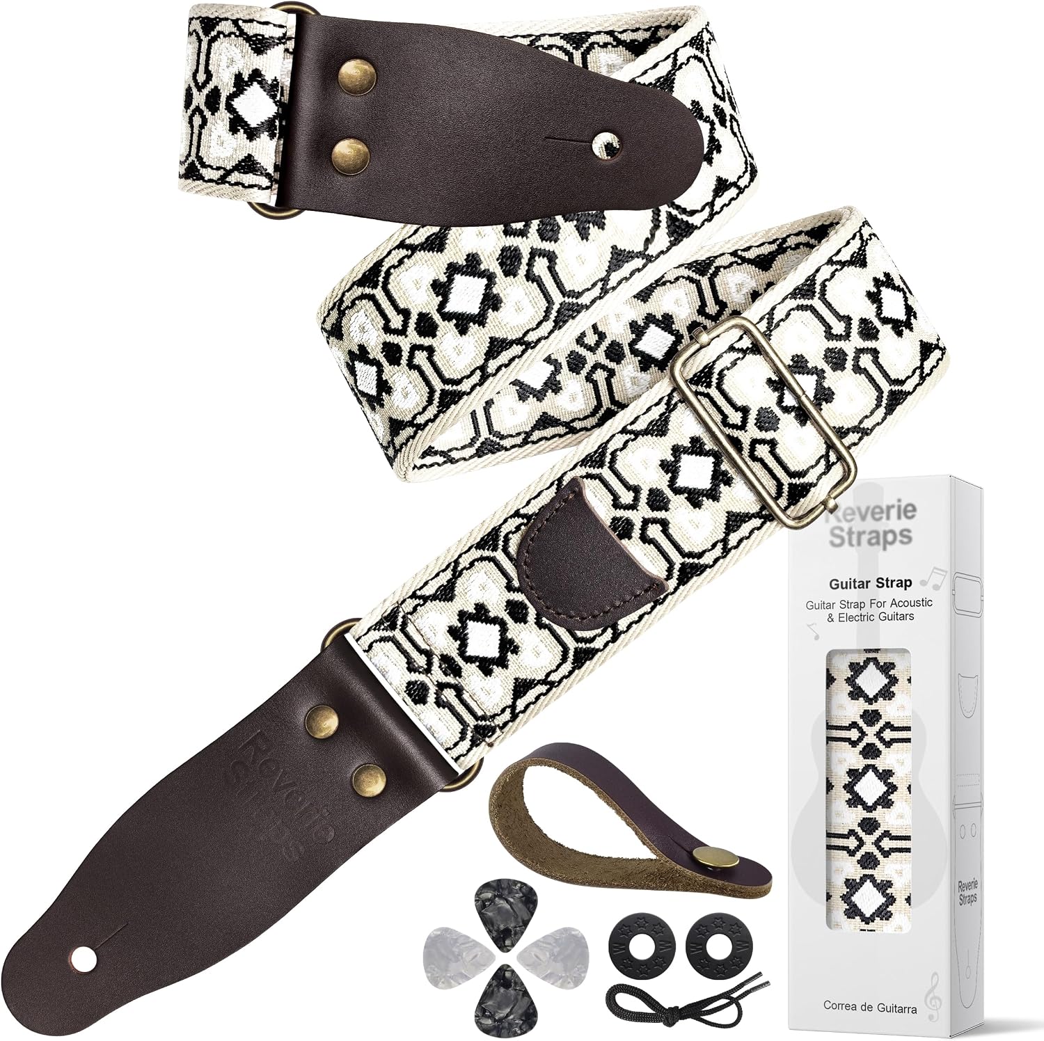 64 Inch Guitar Strap, Unique Black White Jacquard Design Adjustable Strap with Premium Cowhide Leather Ends, 2 Inch Wide with Locks and Picks for Musicians (Vintage black-and-white ethnic style)