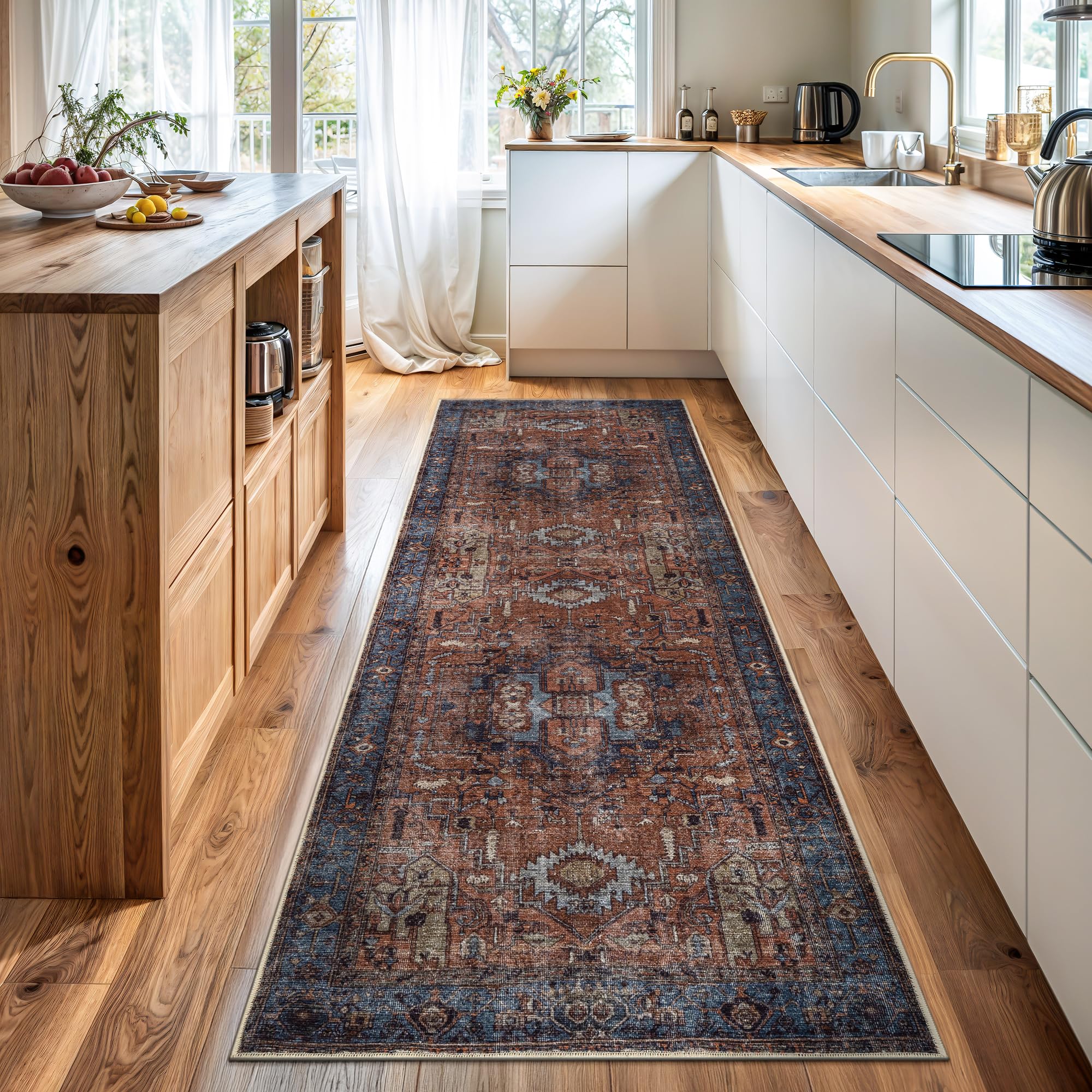 Bloom Rugs Washable 10 ft Runner - Terracotta/Blue Traditional Runner for Entryway, Hallway, Bathroom, and Kitchen - Exact Size: 2.5' x 10'