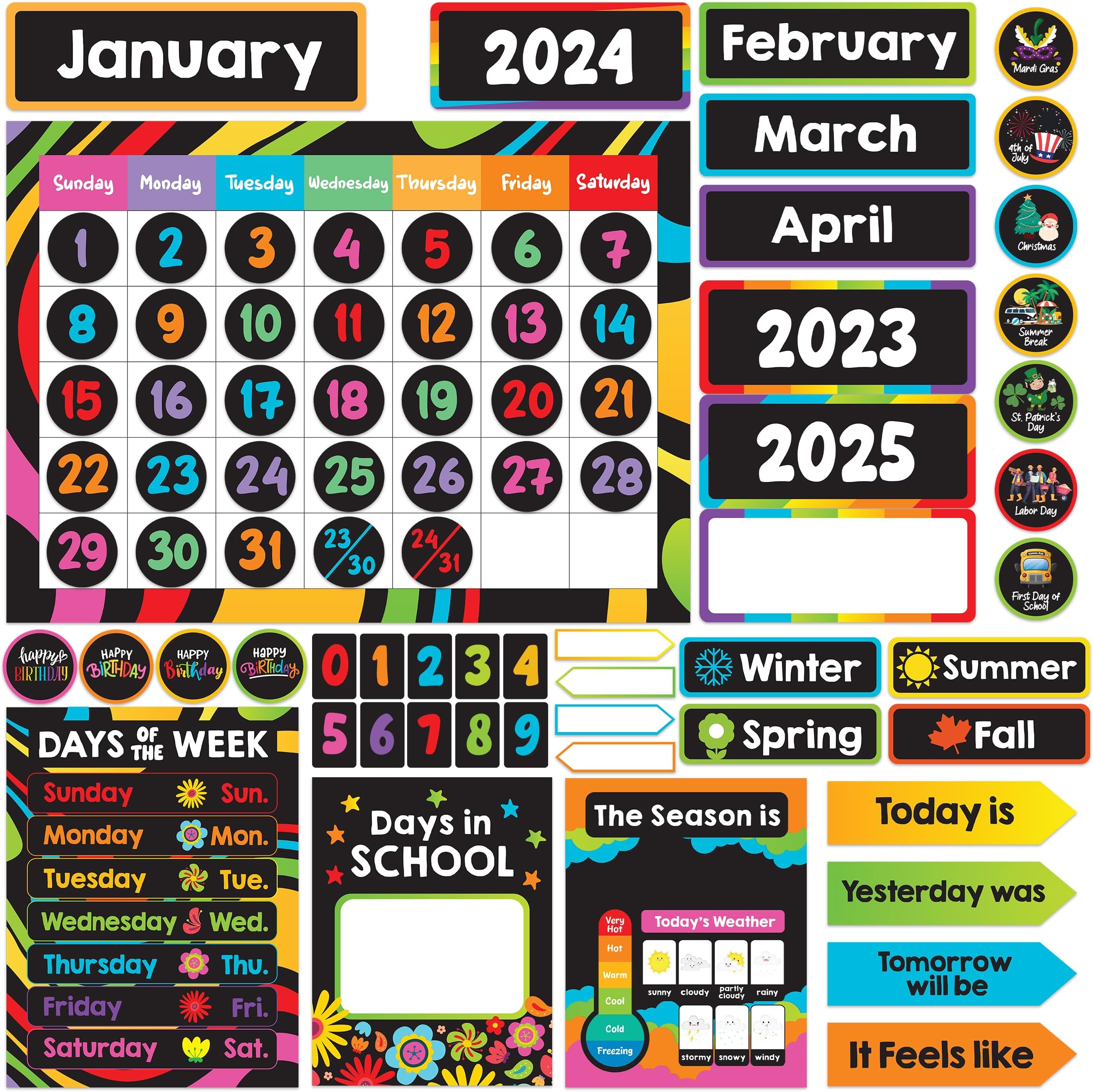Decorably 143 Pcs Cutouts Inspirational Chalkboard Vibrant Classroom Calendar Set Bulletin Board with Borders - Gloss-Laminated Cardstock for School Hallways, Study Room