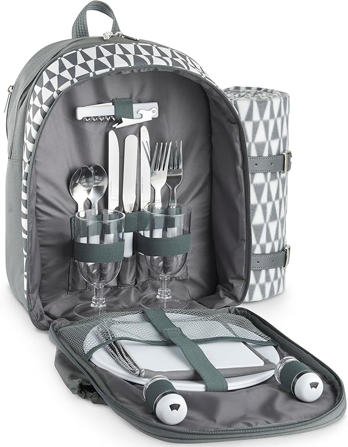 VonShef Picnic Backpack, 2 Person Grey Patterned Picnic Bag with Full Dining & Cutlery Set
