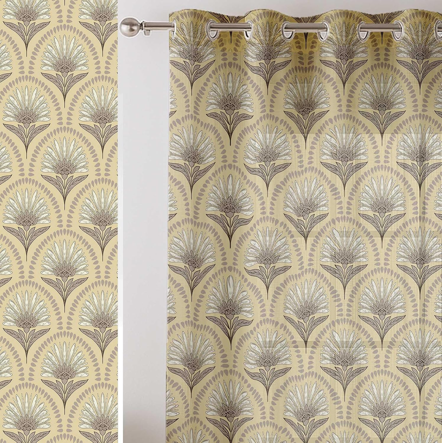 Beige Geometric Design Sheer Curtains for Short Windows - Set of 2 Panels, 63", Grommet Top, Printed Georgette, Light Filtering Drapes for Kitchen or Bedroom