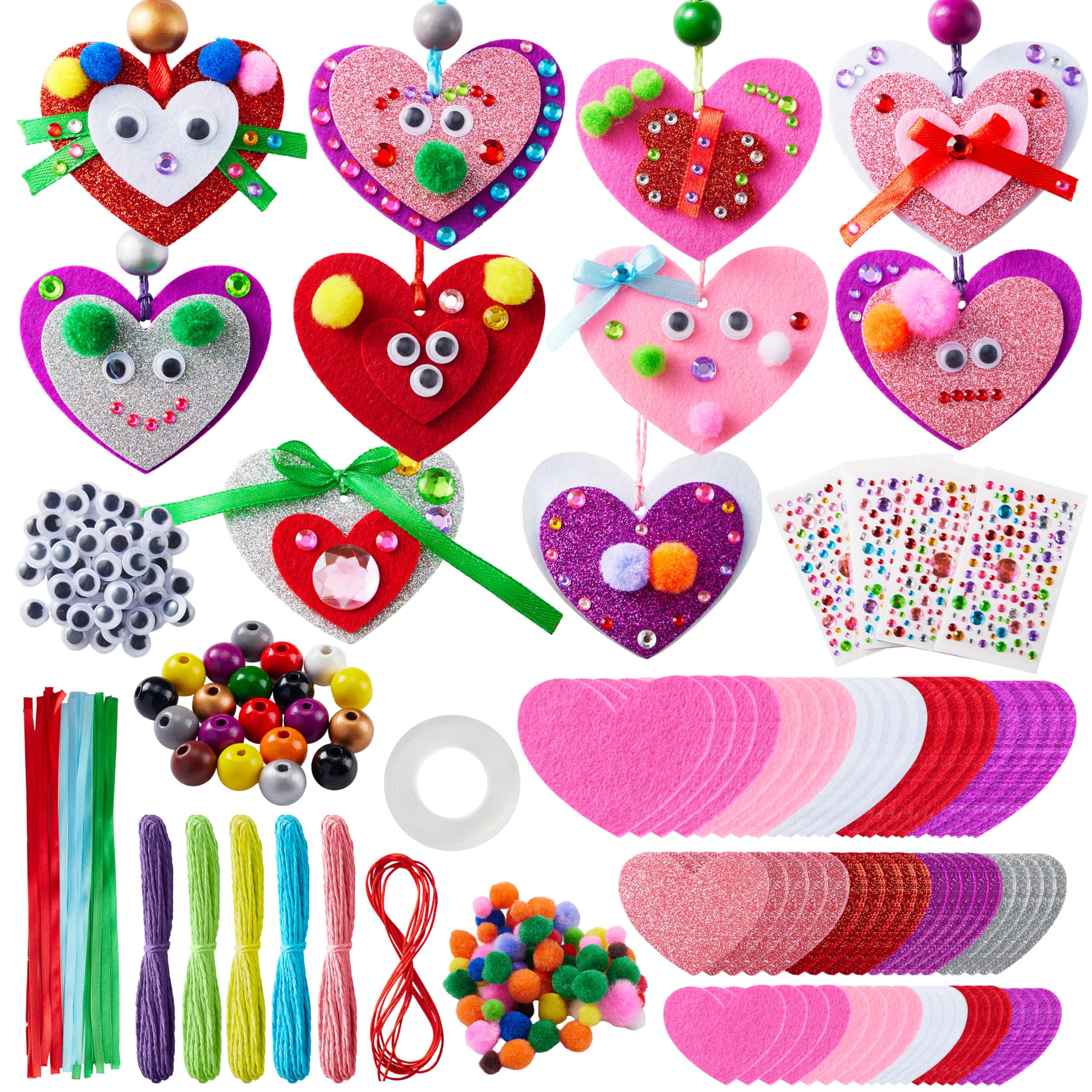 JOYIN Filz-Bastelset zum Selbermachen, Filz- und Glitzer-Herzen und Holzperlen, Kunststoffaugen und bunte Papierseile für Valentinstag, Kinder, Bastelaktivitäten, Partys, Klassenzimmer, Ornamente