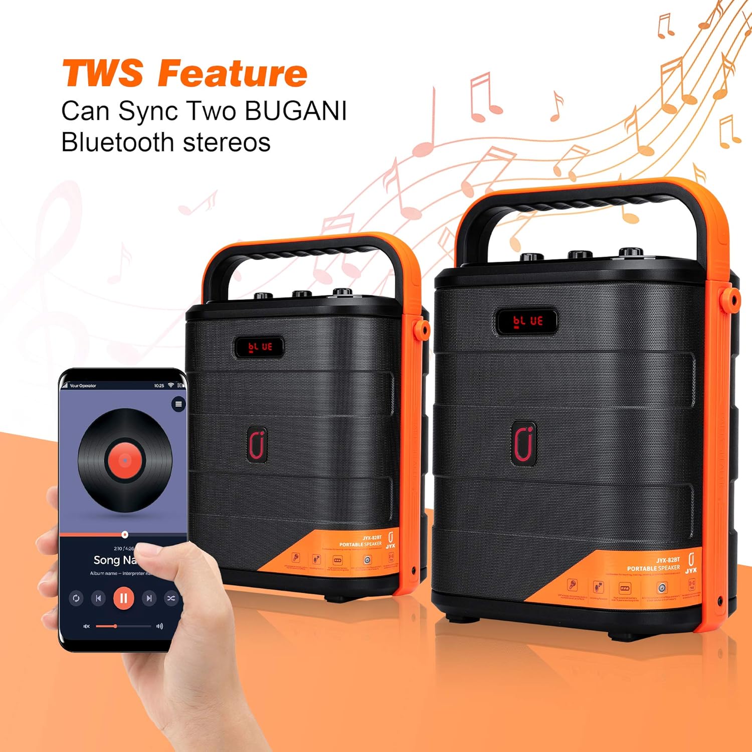 Two JYX Karaoke Machines connected via TWS, playing music from a smartphone.