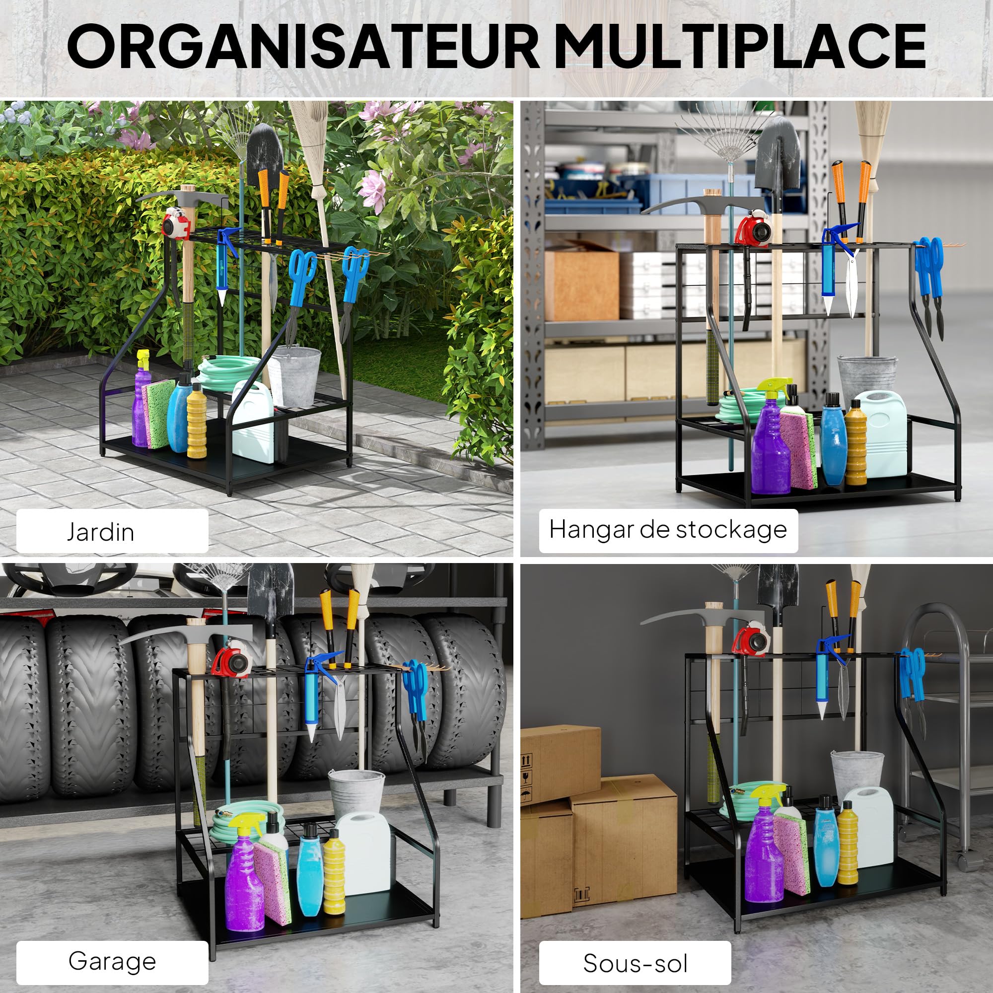 Outsunny Organiseur d'Outils avec Crochets, Support de Garage à 3 Niveaux pour Sécateurs, Pelles, Râteaux, Jardin et Garage Orange