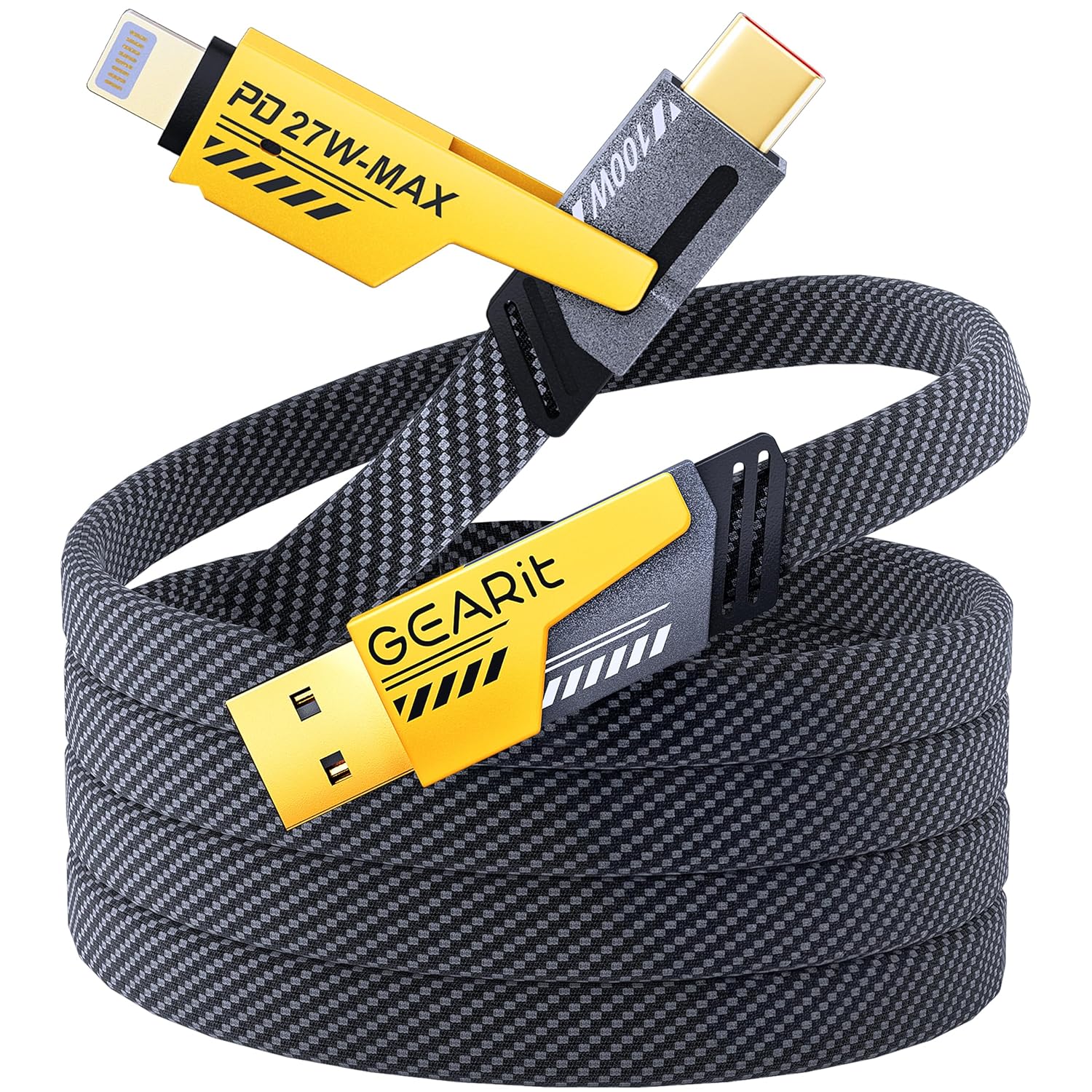 GEARit 100W 4-in-1 Charging Cable - Fast-Charging Flat USB-C to USB-C Cable with USB-A & Lightning Connectors - Universal Multi Device Cord - Compatible with iPhone, MacBook Pro, 3.3FT, Black