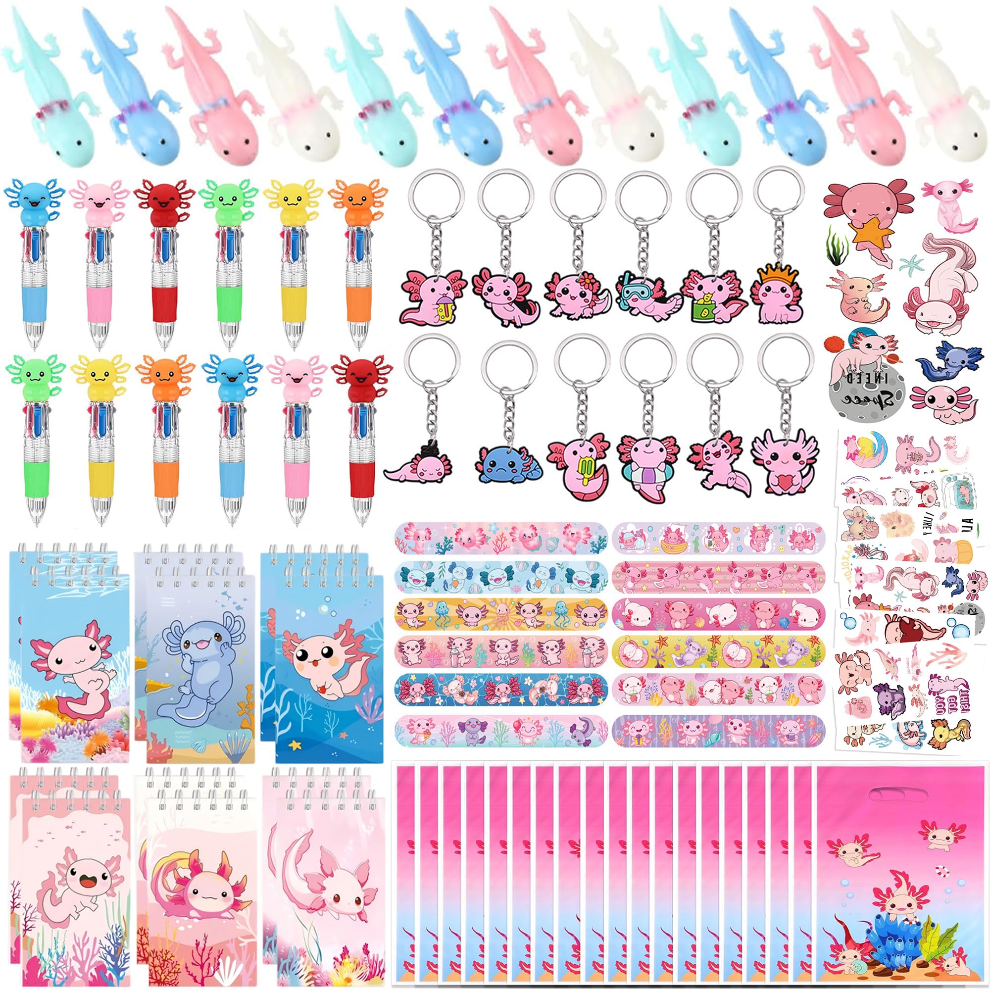 DMTMYPD 96 Pcs Axolotl Party Gifts Supplies with Mini Notebooks Ballpoint Pen Slap Bracelets Keychains Temporary Tattoos and Gift Bags for Axolotl Themed Birthday Party Decorations Pinata Rewards