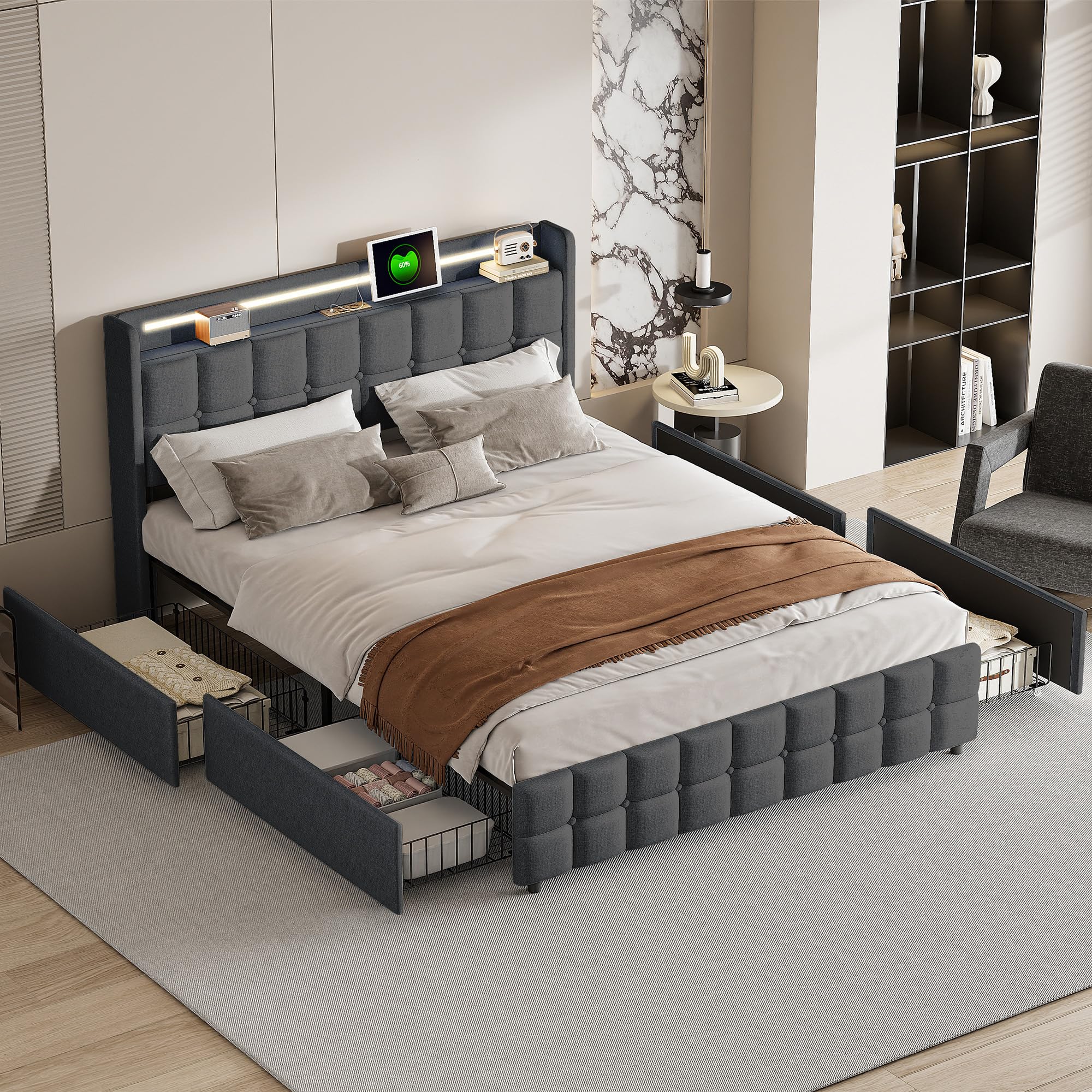 CDQL Letto imbottito 160 x 200 cm con 4 cassetti, letto matrimoniale con illuminazione a LED e porta USB, struttura del letto con rete a doghe, letto per ragazzi, letto degli ospiti, in lino, grigio