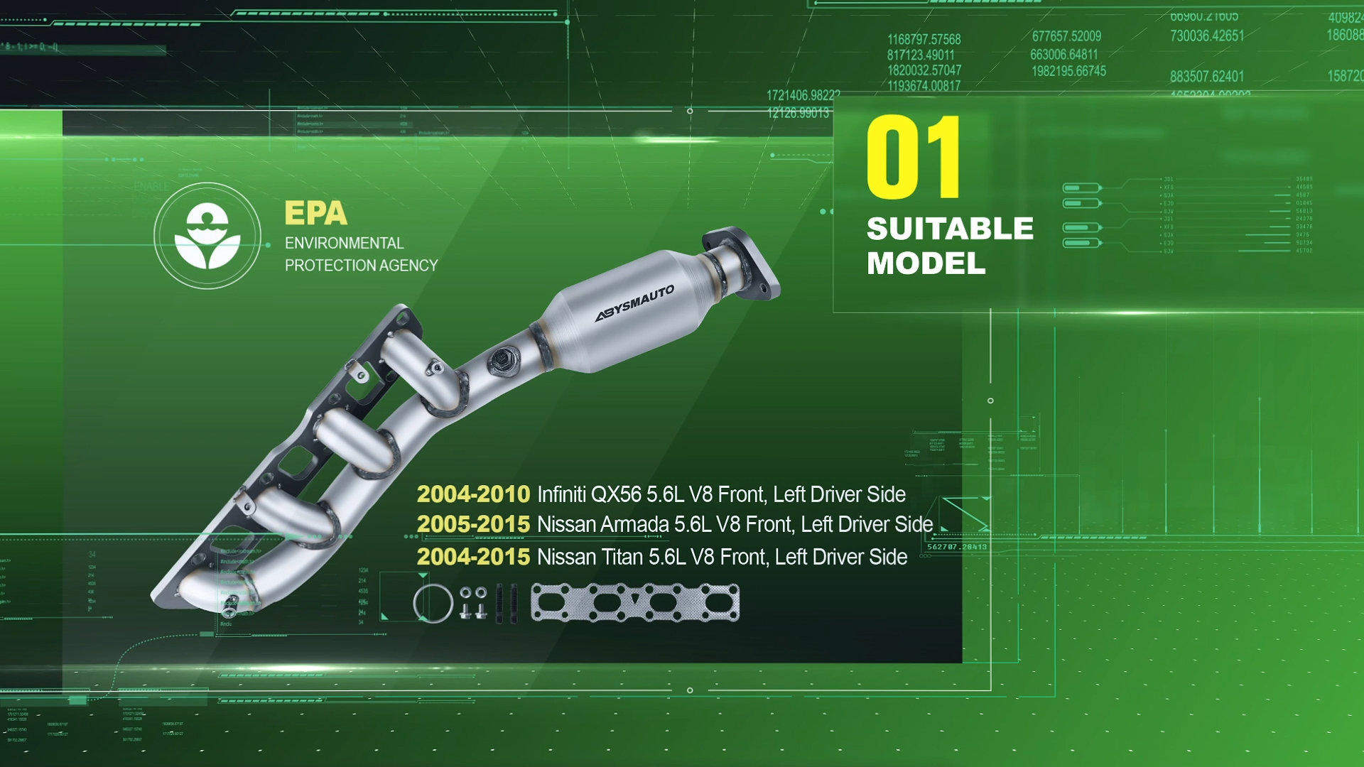 EPA-Compliant Catalytic Converter Set For INFINITI QX56 2011-2013 5.6L Models – Full 4-Piece Kit With Hardware 2 thumbnail image
