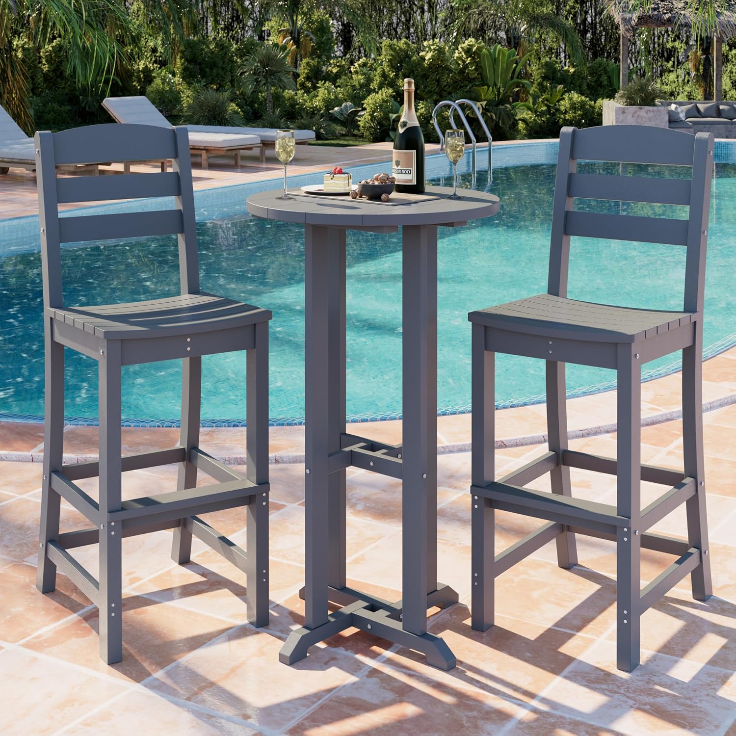 Shintenchi 3 Pieces Outdoor High Top Bar Set, 1 Patio High Top Round Table and 2 Bar Height Tall Adirondack Chair, All-Weather Outdoor Bistro Bar Set for Balcony Pool Deck, Dark Grey