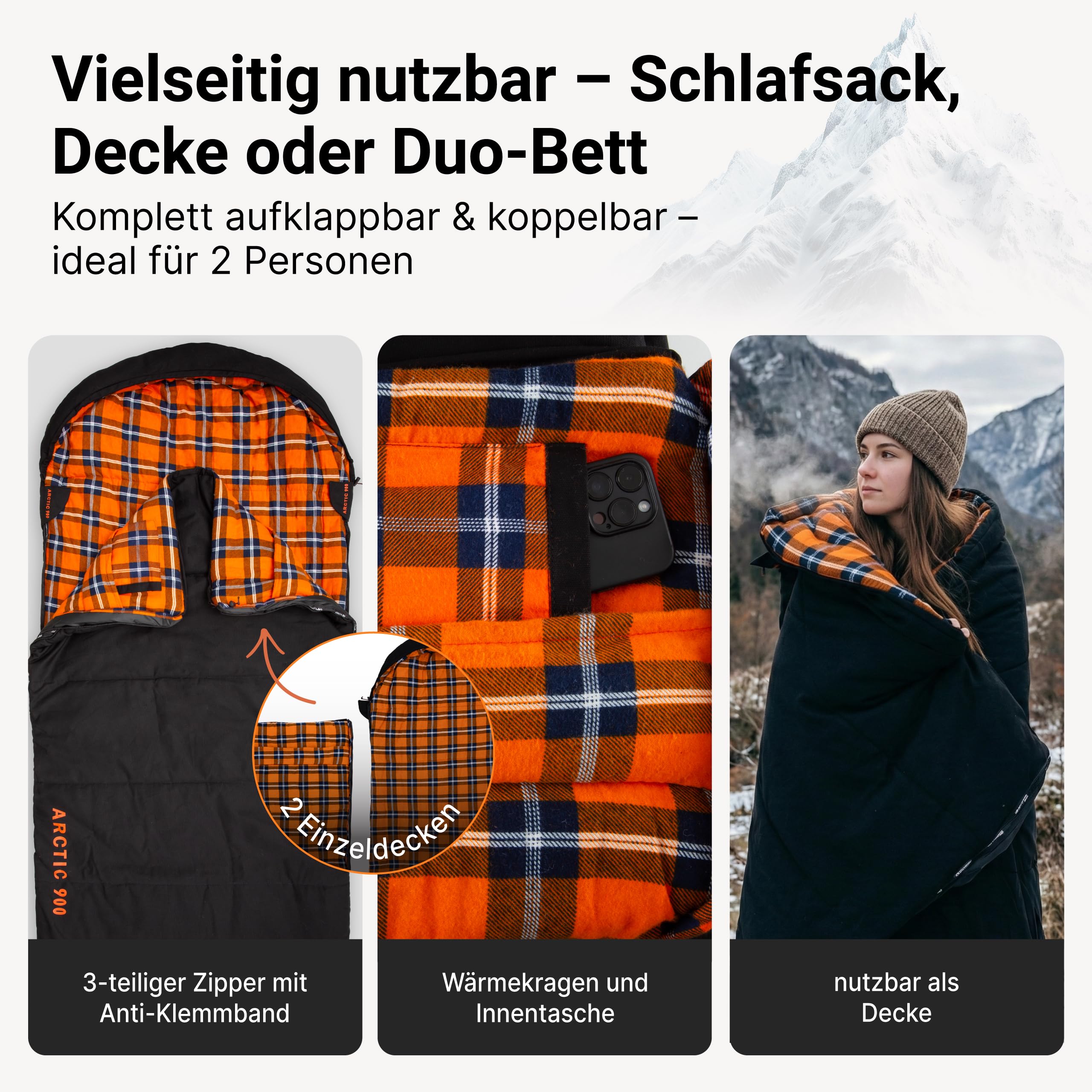 EXPLORER Arctic XXL Deckenschlafsack Winter -24°C Extrem – Camping Schlafsack aus 100% Baumwolle & Flanell – Koppelbar & Wasserabweisend – 90/110/140 cm