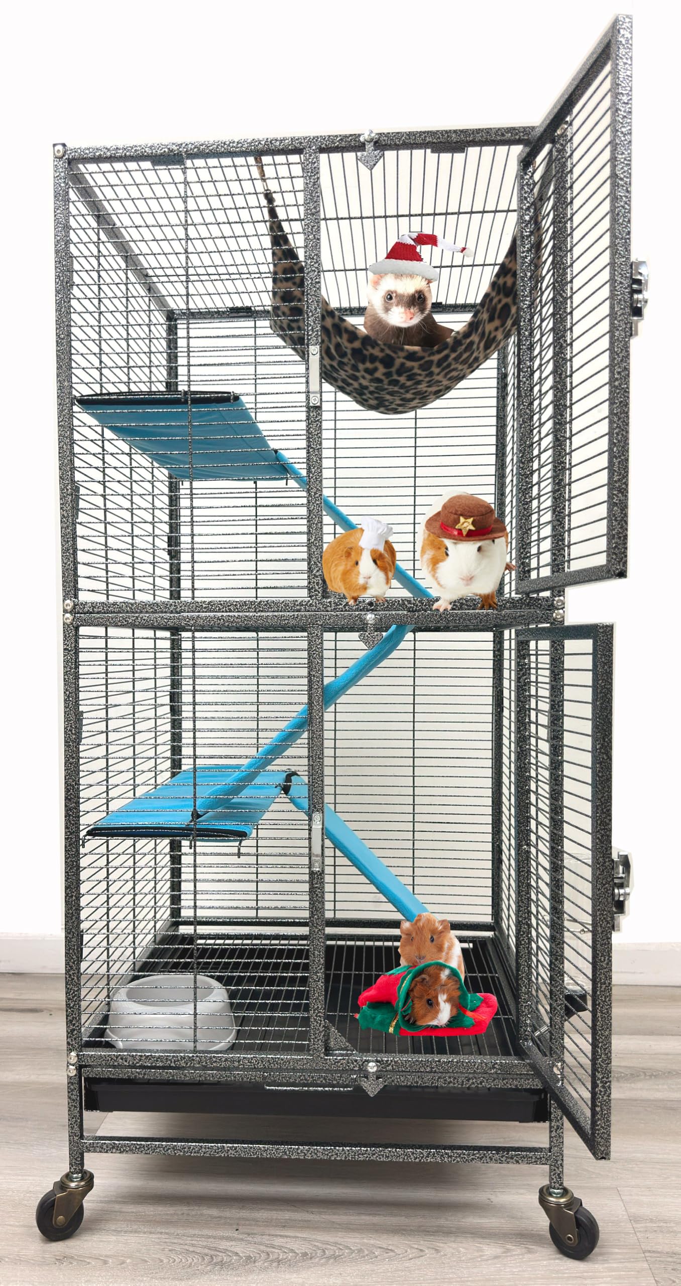 Deluxe Double Unit Two Full Story Durable Front Doors Tight 1/2-inch Wire Spacing Chew-Free Small Animal Critter Home Cage Water Bottle Food Bowl for Feisty Ferret Hammock Rat Mice On Wheels