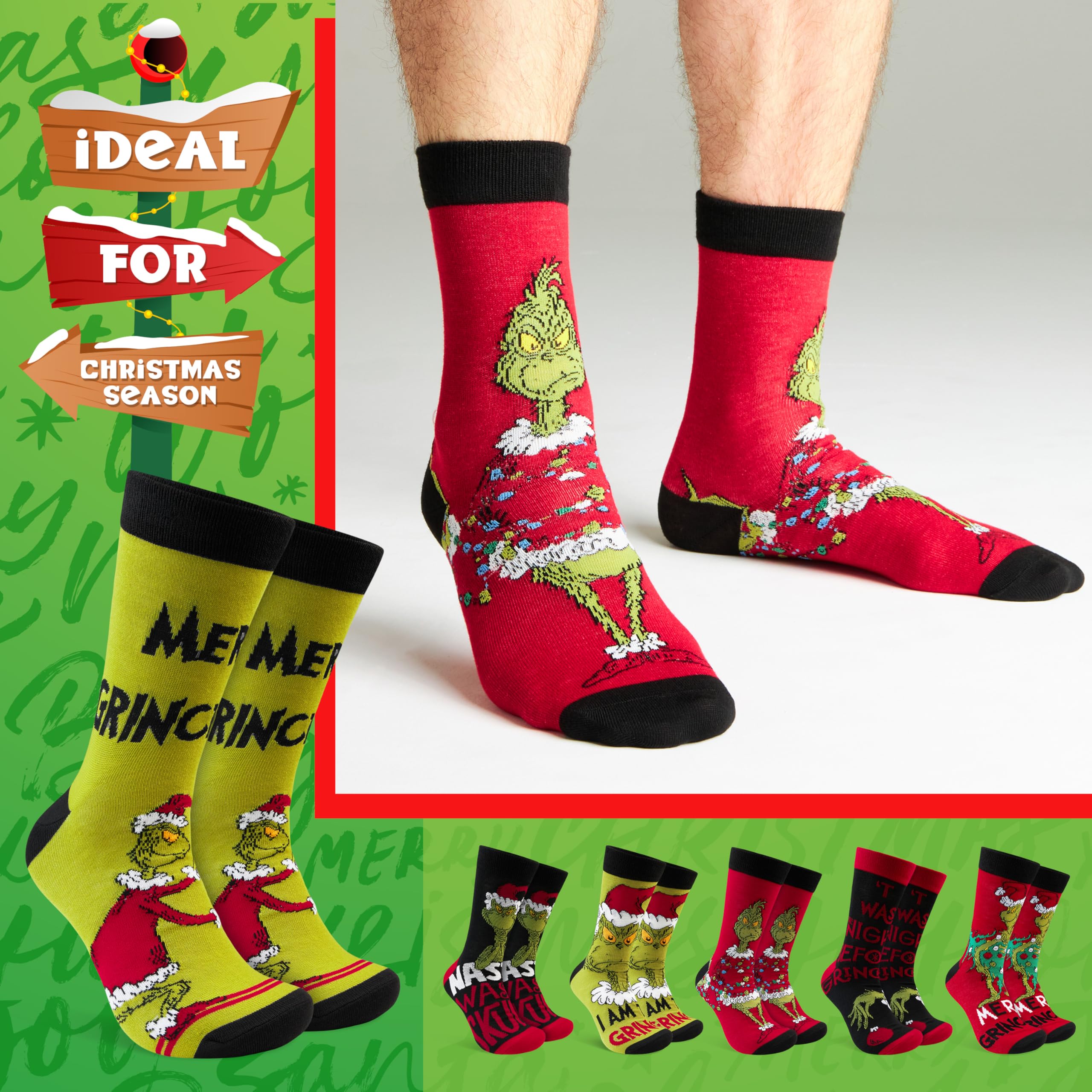 The Grinch Chaussettes Homme EU 40-45, Multipack Chaussettes Rigolotes, Semelle Antidérapante, Cosy Idee Cadeau Homme