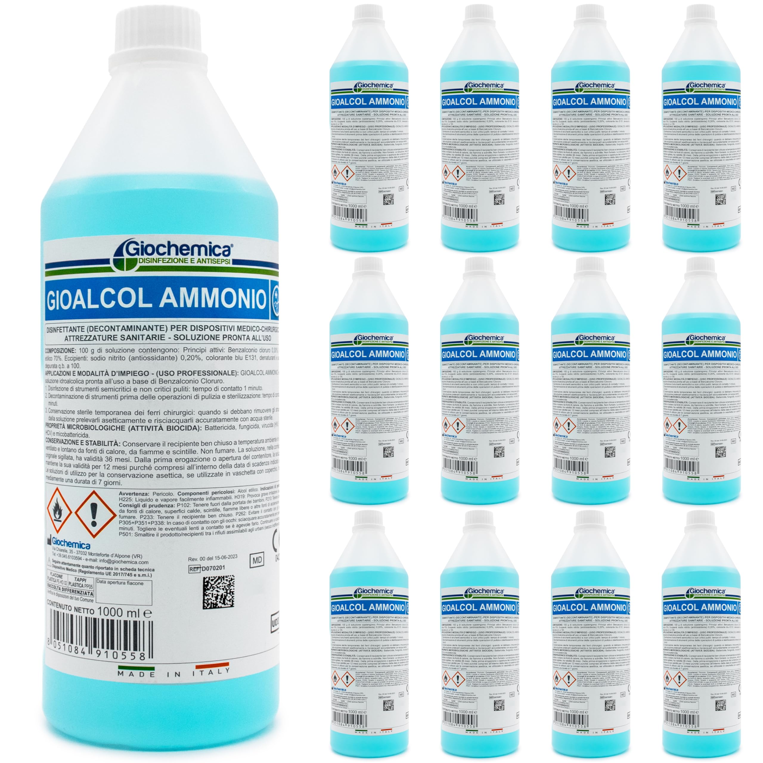 GIOALCOL AMMONIO Disinfettante Strumenti Medici, 12 Flaconi da 1lt | Benzalconio cloruro e Alcol, Decontaminante, Dispositivi medici, Pronto uso