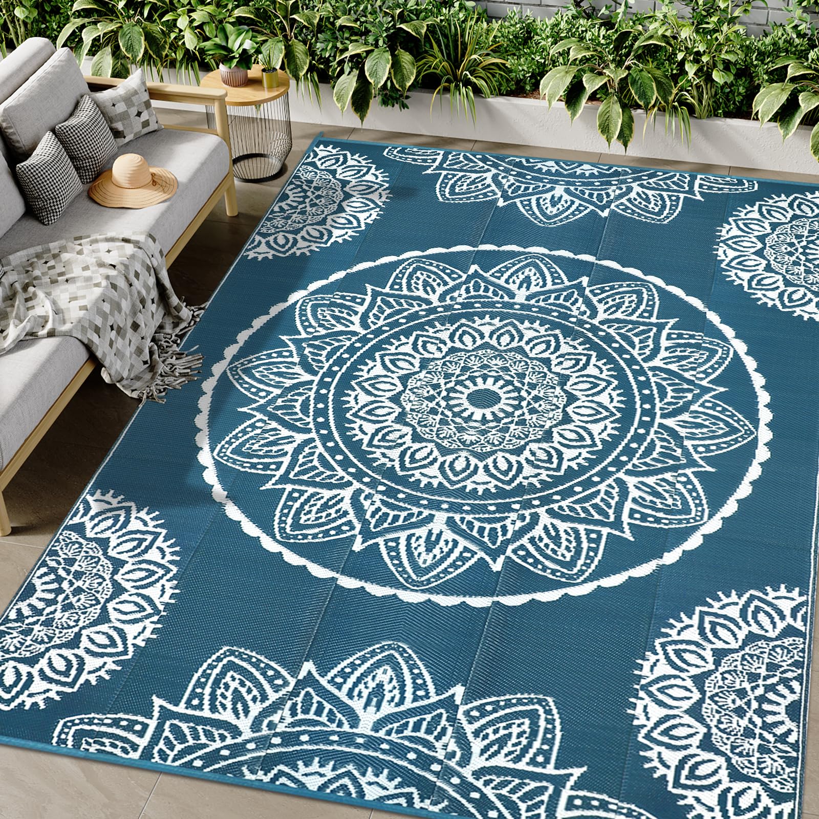 Famibay Large Outdoor Rugs for Garden Waterproof Reversible Outdoor Rug 180 x 270 cm Plastic Straw Rugs Patio Carpet UV Resistant Portable Indoor Area Rug for RV Balcony Picnic Blue
