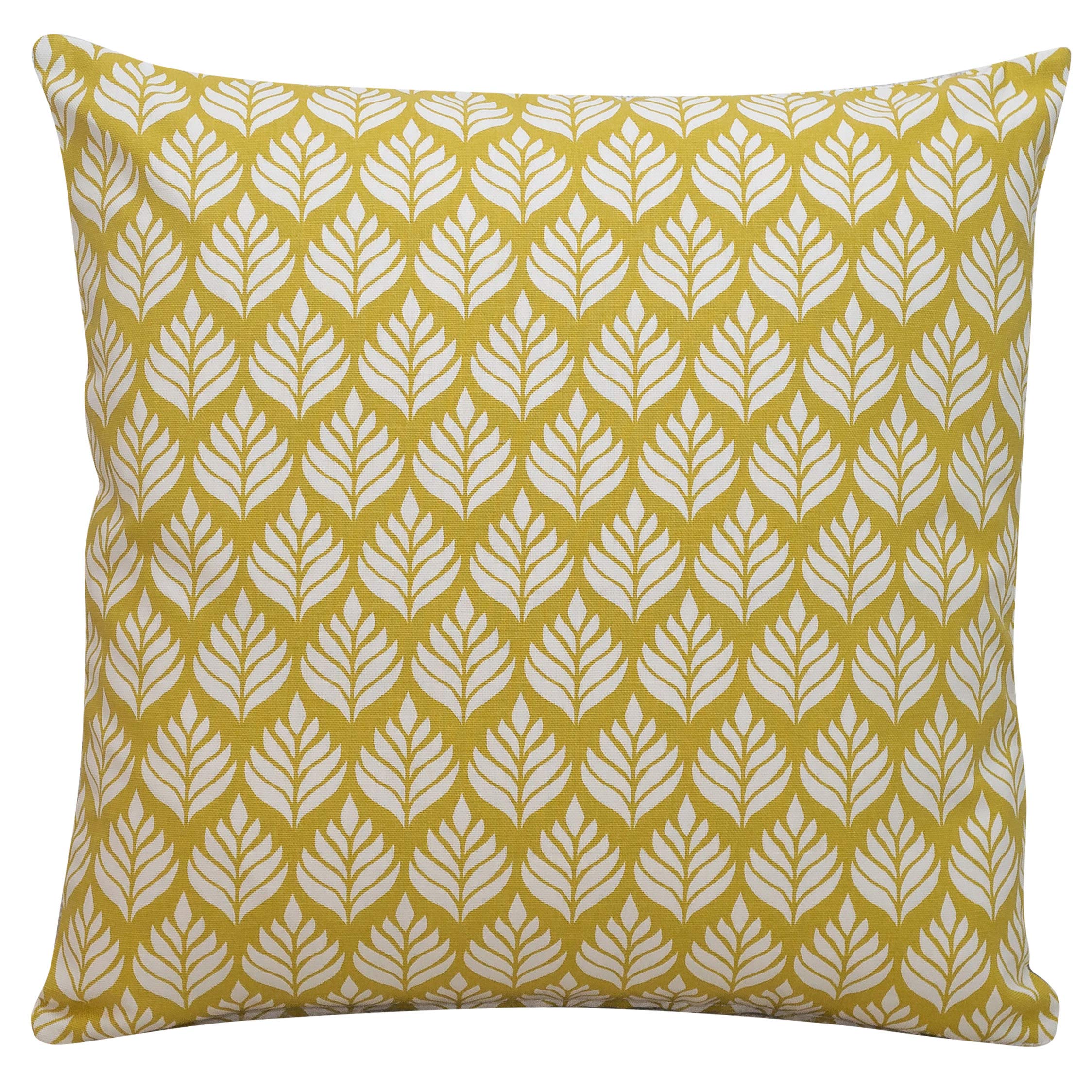 Linen Loft Scandi Minimalist Leaf Cushion Cover in Ochre Mustard Yellow. Double Sided. 17x17 Square Pillow Case. Handmade in the UK, 100% Cotton. Scandinavian Botanical Floral Design.
