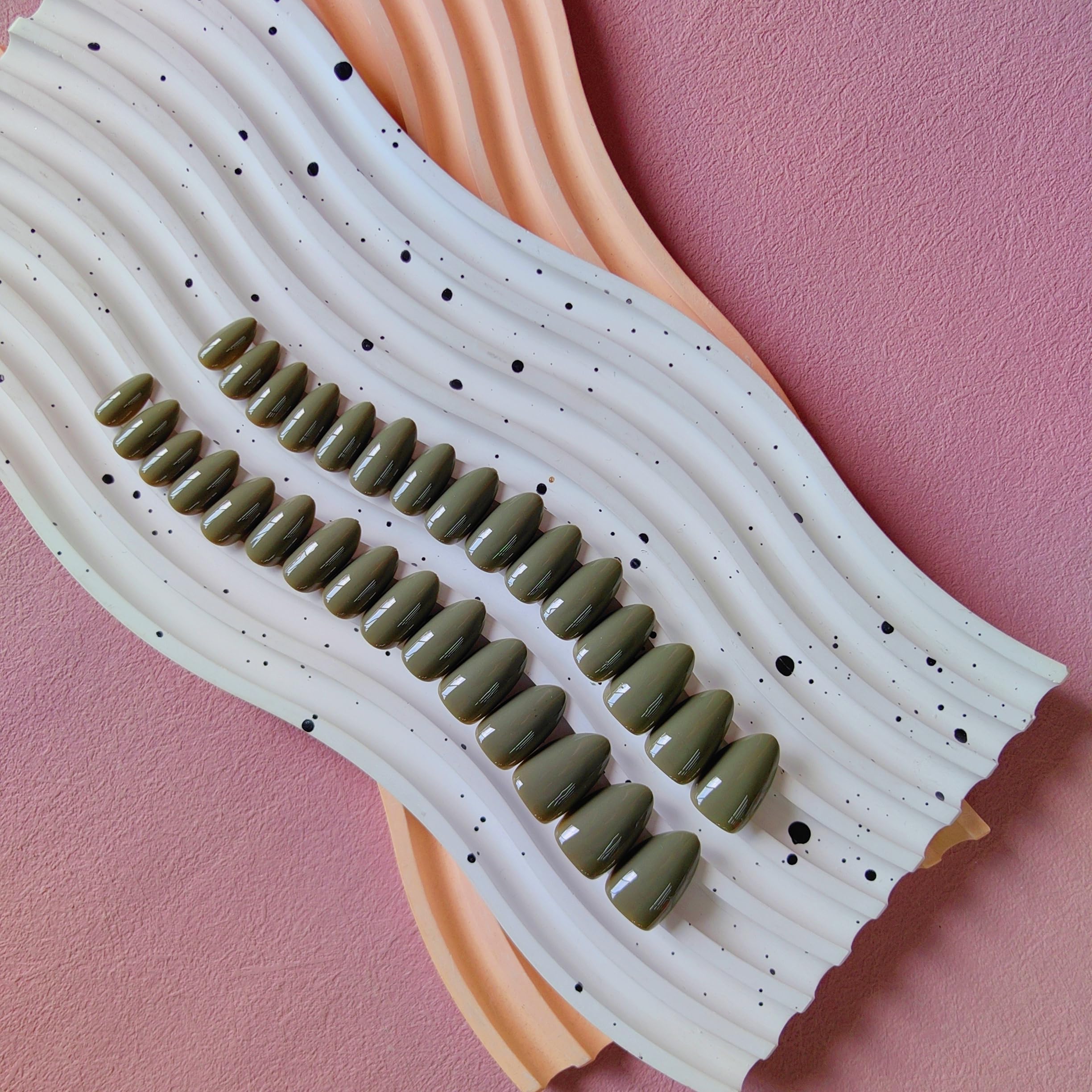 KQueenest Olive Green Press on Nails Short Almond, Short False Nails Press ons, Sheer Moss Green Fake Nails Medium Stiletto - Image 4
