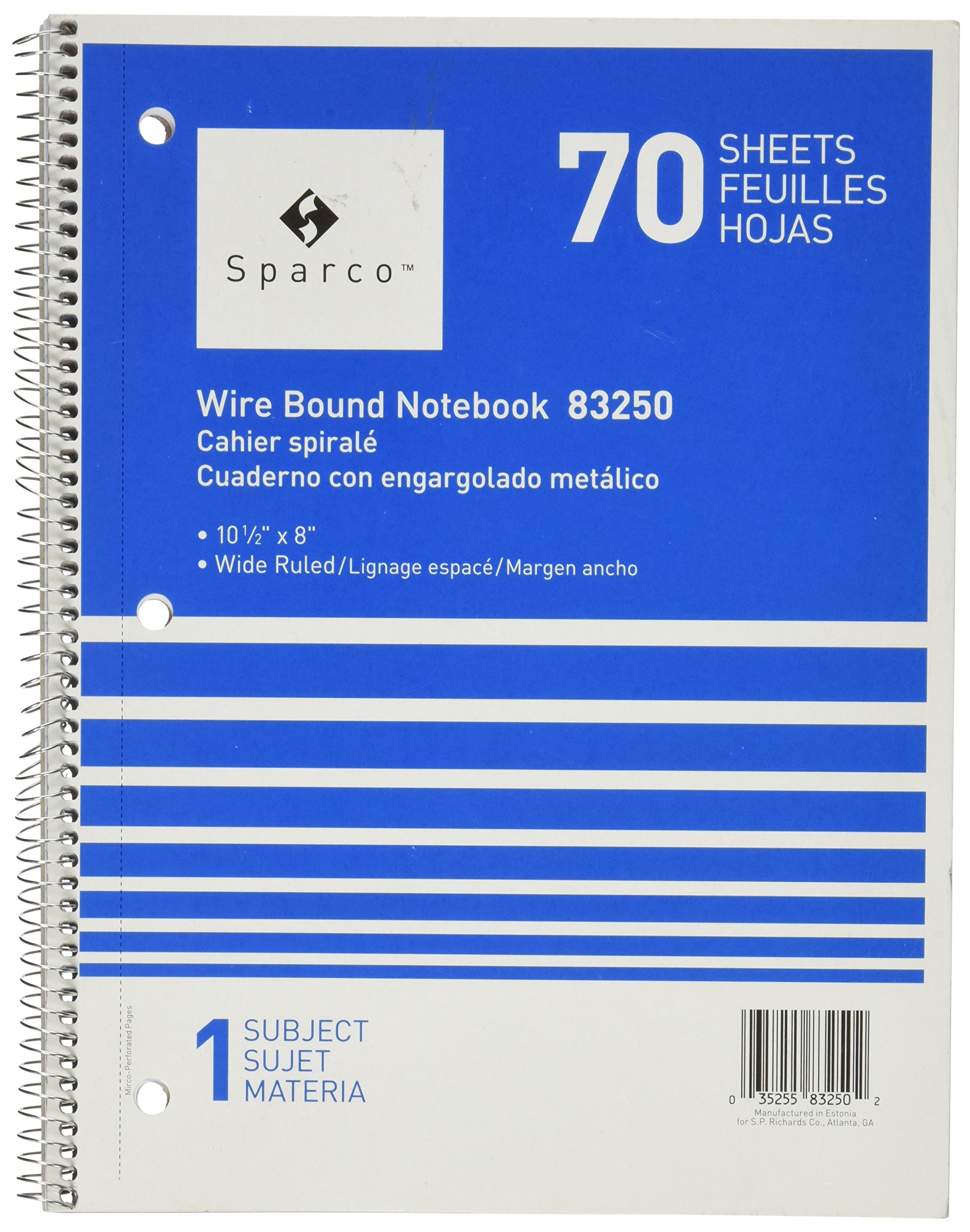 Sparco Notebooks, 1 Subject, 10-1/2 x 8 Inches, Wide Ruled, 70 Sheets, Assorted (SPR83250)
