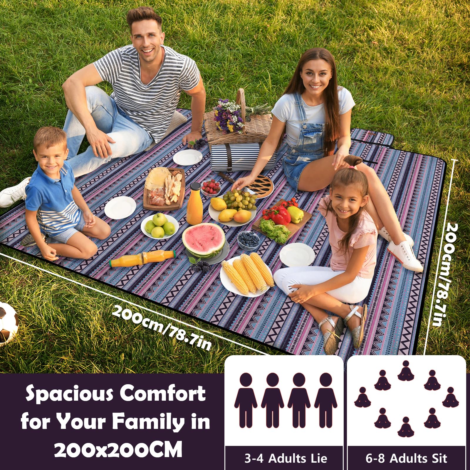 Couverture de pique-nique imperméable, tapis de pique-nique extra-large 200 x 200 cm, résistant au sable, lavable, couverture de camping, accessoires pour activités en plein air, Bohème