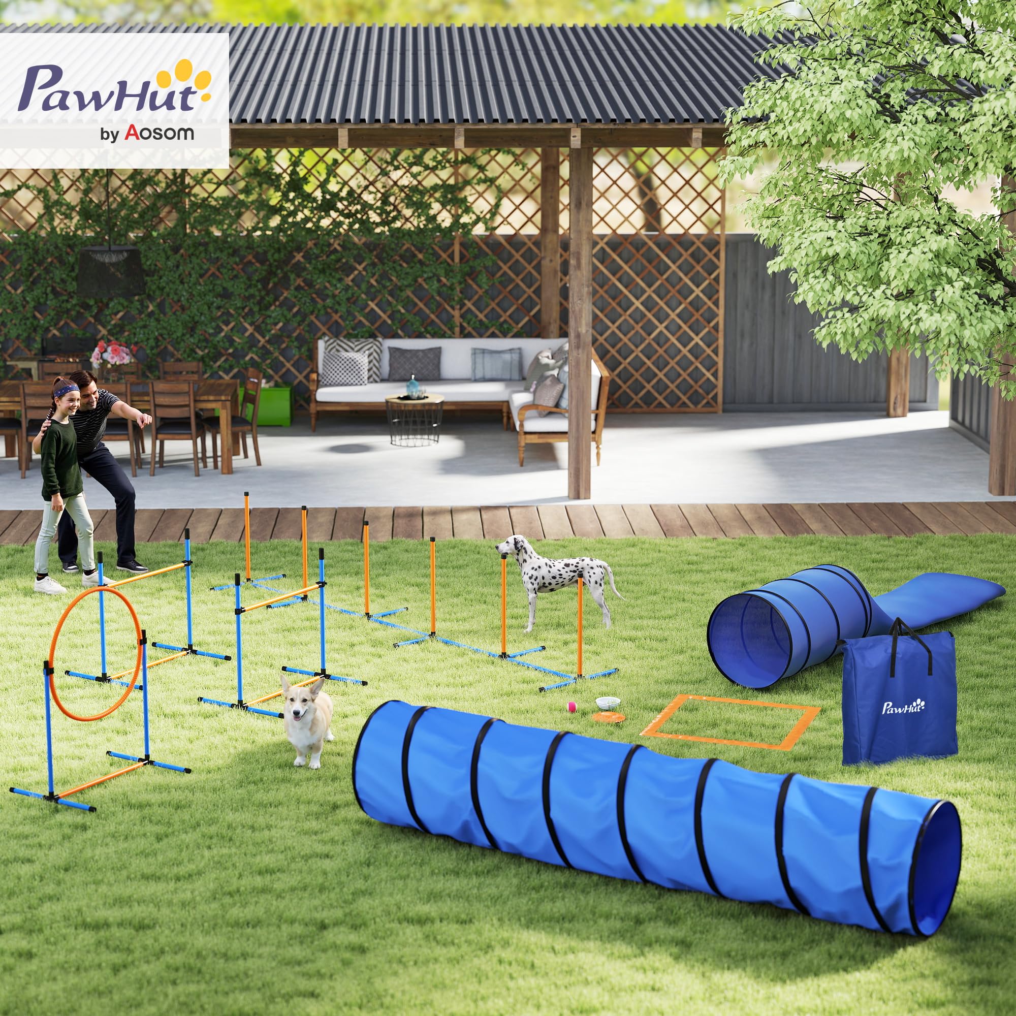 PawHut - Ensemble d'Agilité pour Chien 11 Pièces avec 2 Tunnels, Sauts Ajustables, Anneau, Piquets, Zone de Pause, Sac pour Friandises, Parcours d'Obstacle Intérieur et Extérieur avec Sac de Transport