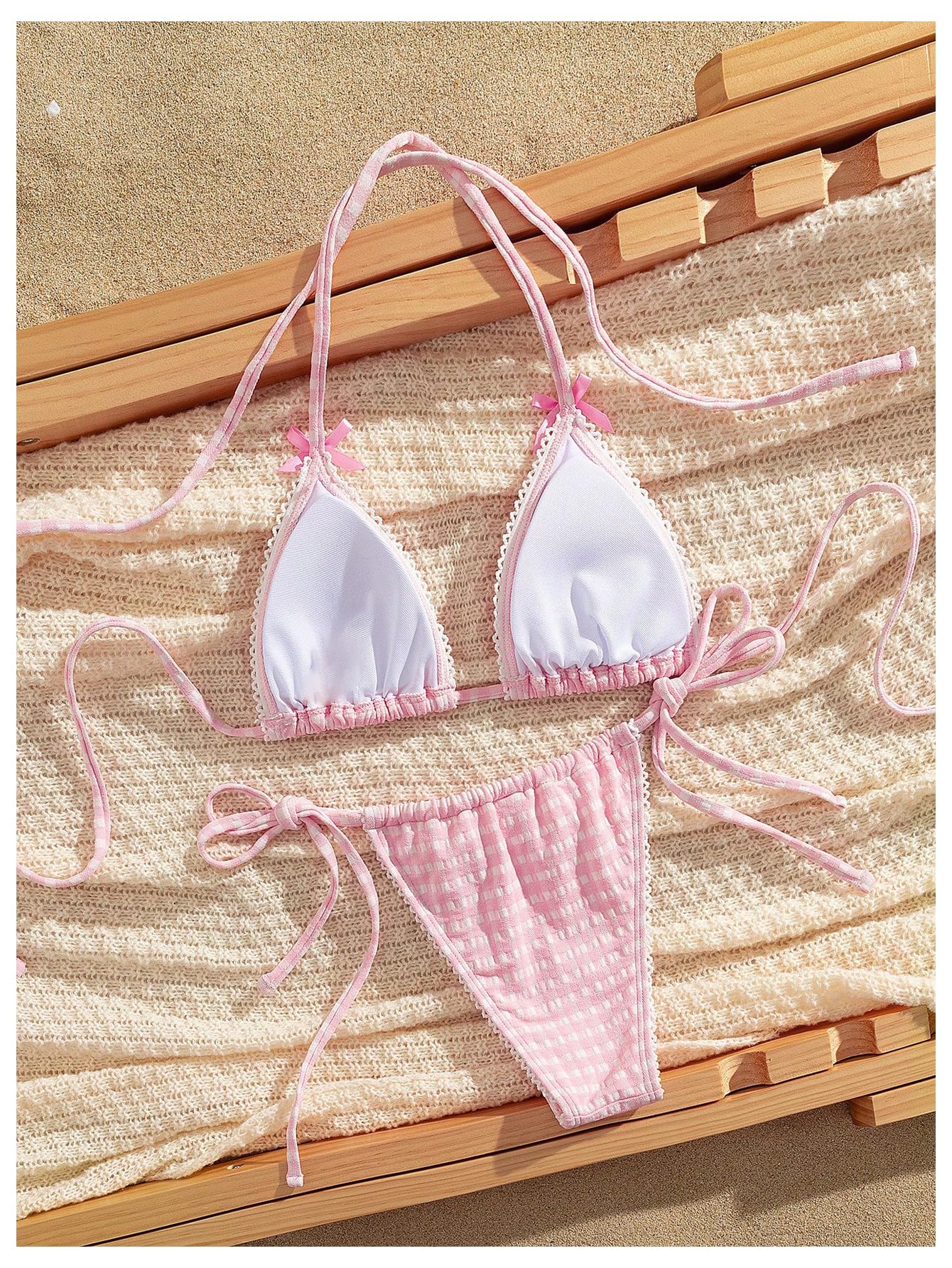 Damskie Komplety Bikini Stringi 2 Częściowe Kratę Halter Trójkątne Stroje Kąpielowe Głęboko Wycięte Stringi Bezczelne Kostiumy Kąpielowe Różowy Duży