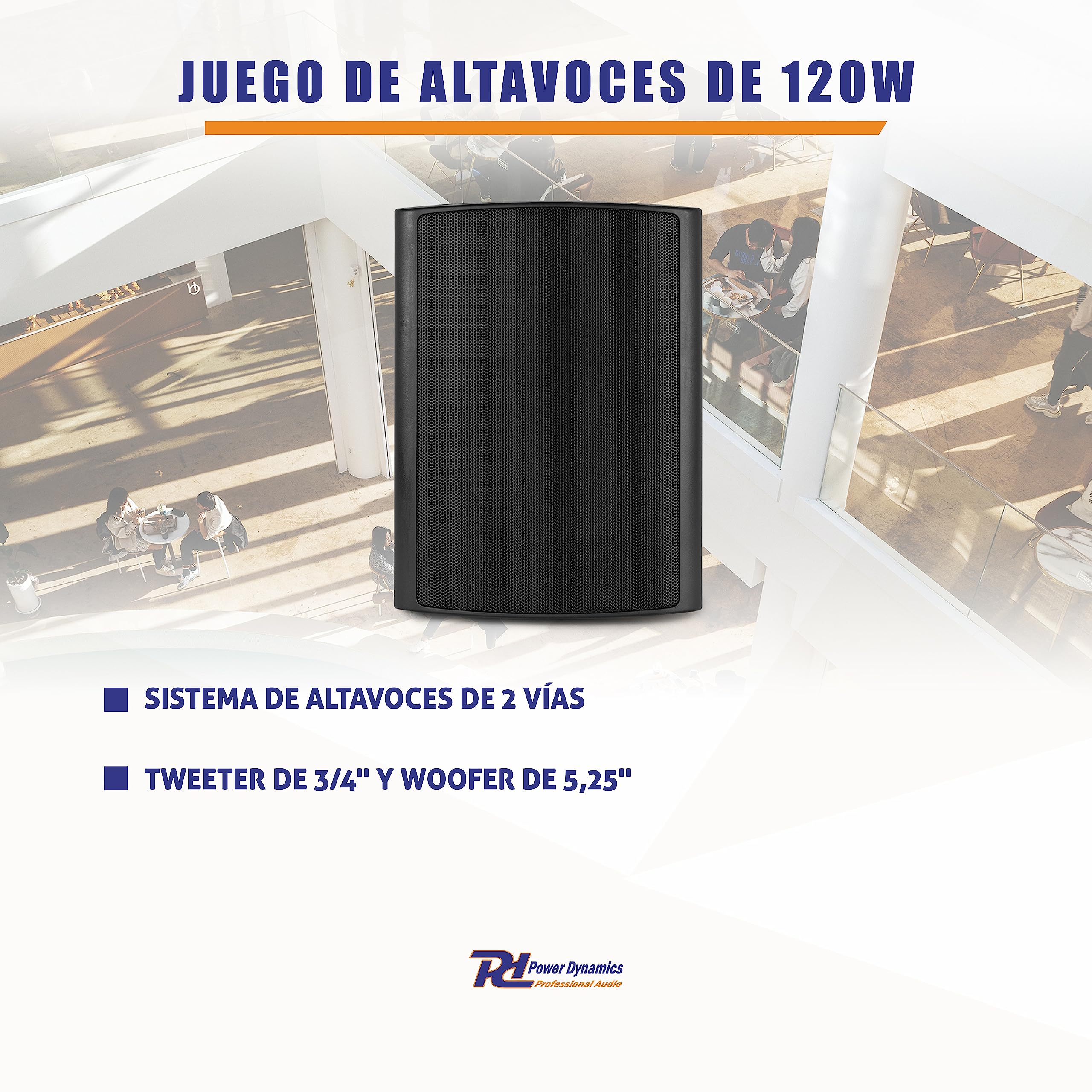 Power Dynamics BG050 Conjunto Altavoces Interior/Exterior 5,25" 120W 8 ohmios 2 vías, Resistentes a la Intemperie IP65, Rejilla y Soportes de Aluminio, Color Negro (2 Unidades)