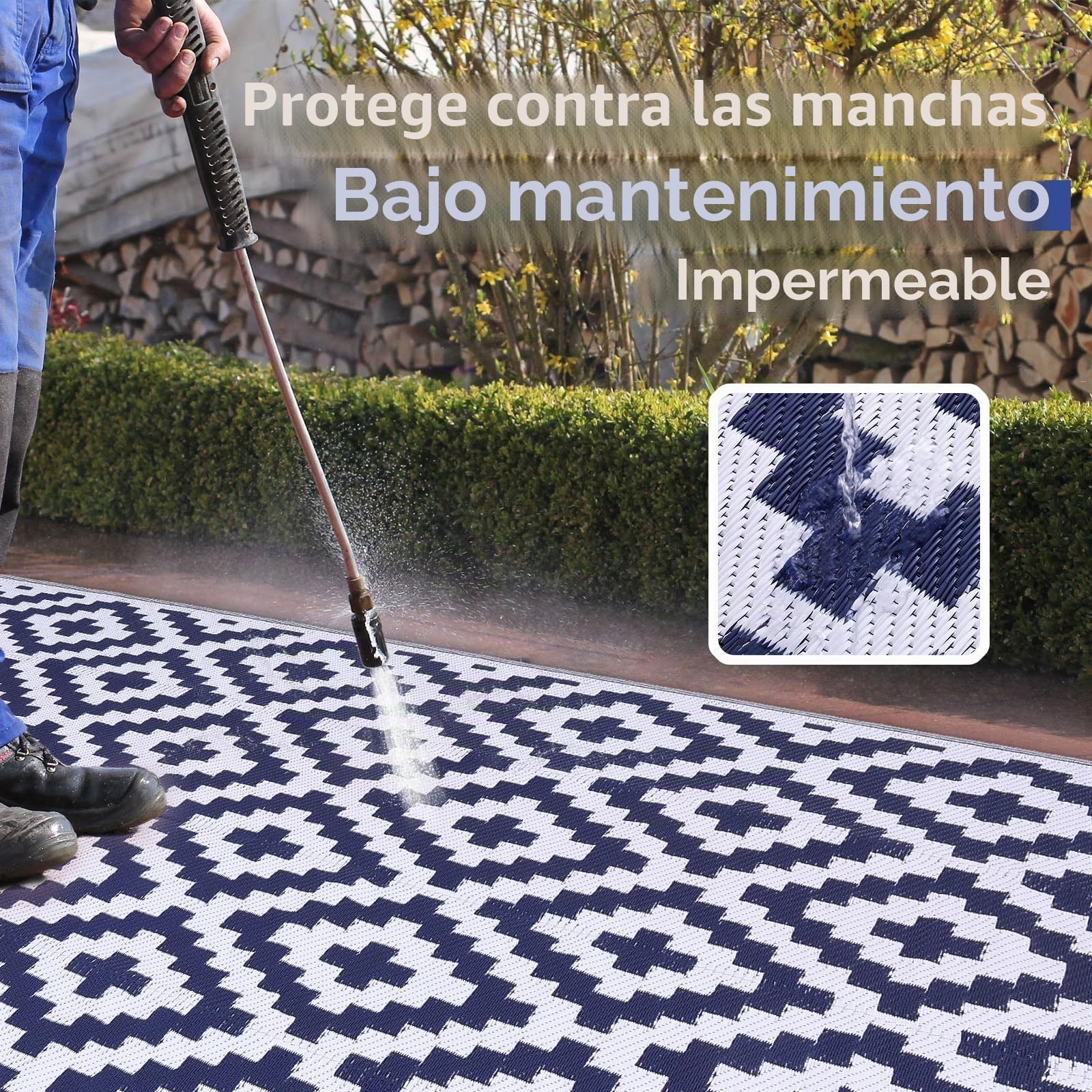 Homaxy Alfombra de exterior resistente a la intemperie, de plástico paja, resistente a los rayos UV, reversible, lavable, para balcón, jardín, terraza, camping, pícnic (150 x 240 cm, azul marino y