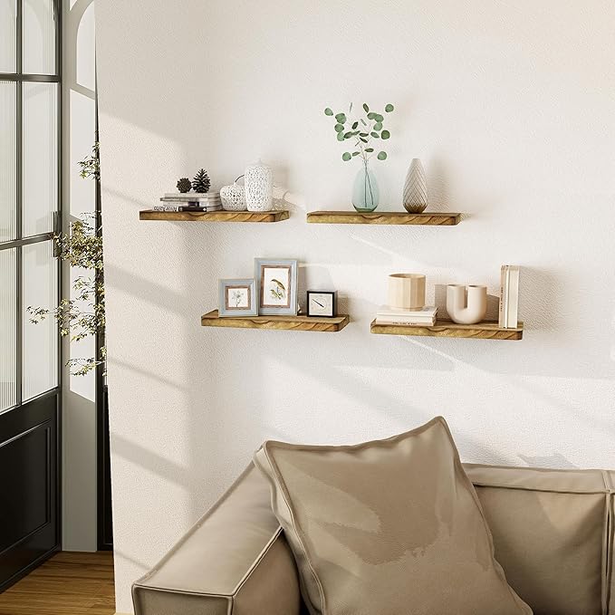 Floating Shelves 16 Inches, Set of 3 Rustic Wood Wall Mounted Shelves, Wall Picture Ledge Shelf with Invisible Metal Brackets for Living Room, Bedroom, Bathroom, Carbonized Black