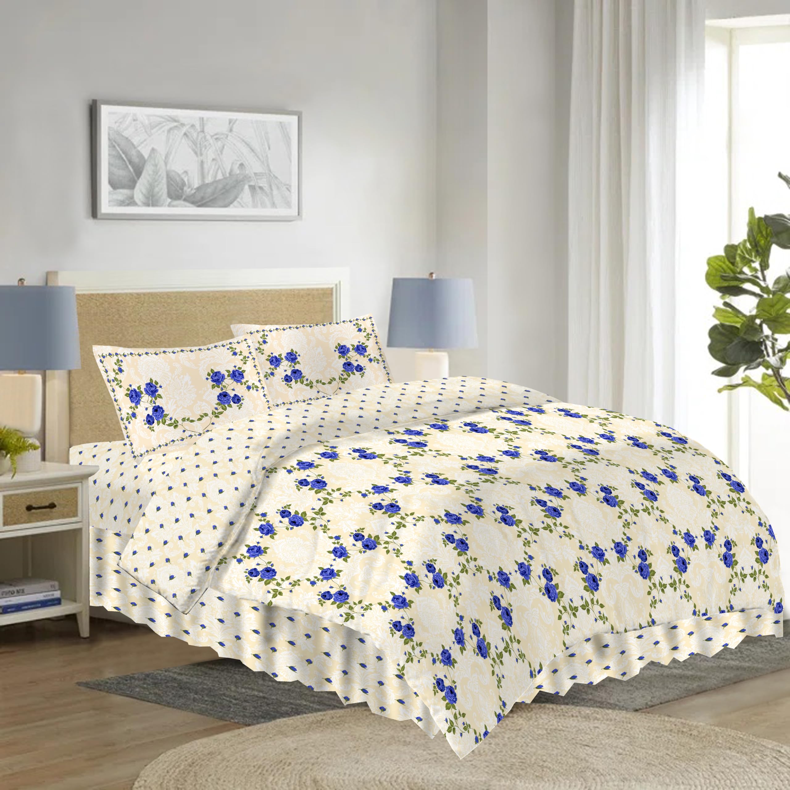 CHARKHAH Floral Duvet Cover Set Single – Polycotton Bedding Set with Valance Sheet, Pillowcase & Button Closure – Easy Care Fitted Sheet Quilt Cover Set