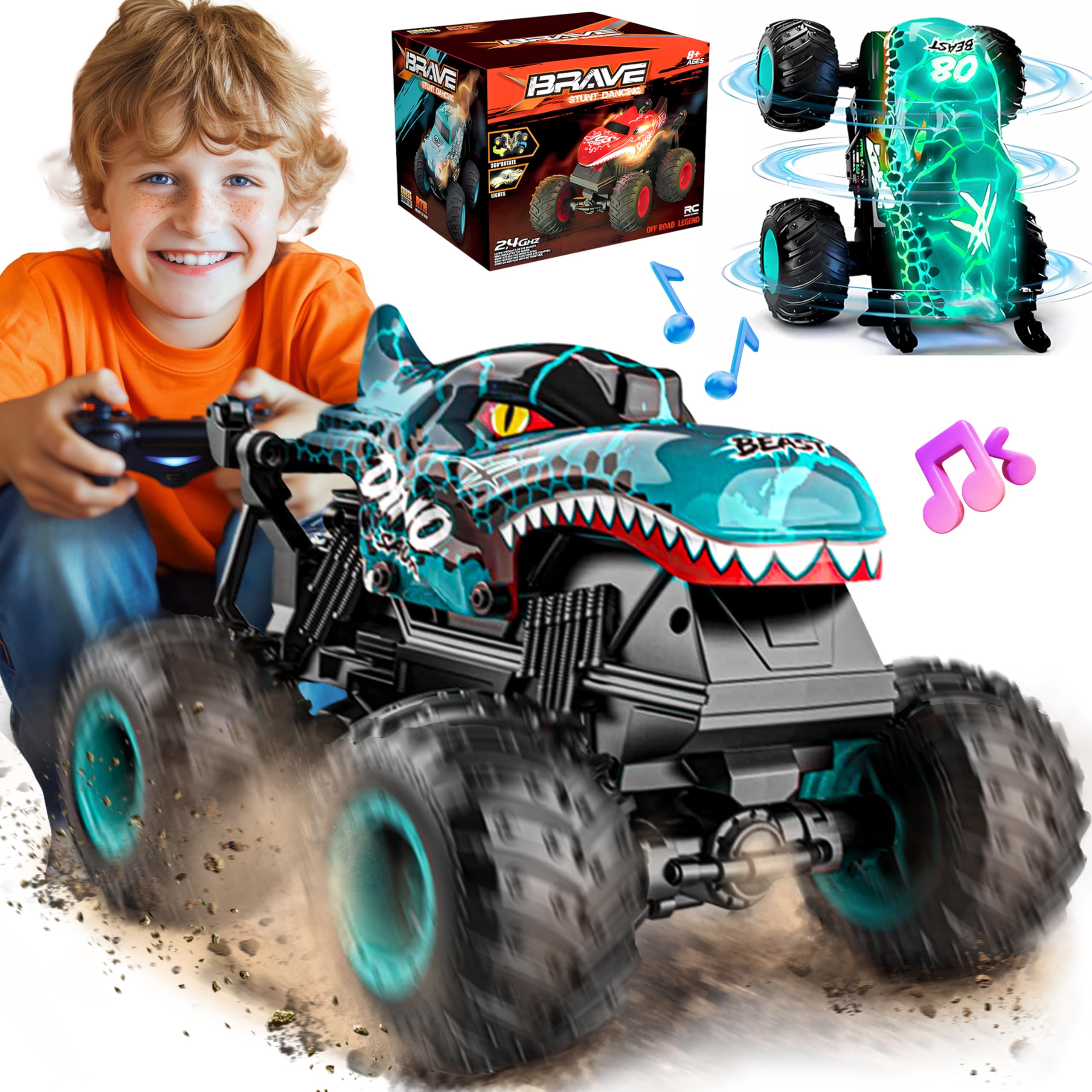 BEZGAR MonsterTruck Toys - Monster Truck Remote Control Car with Light & Music, Dinosaur Toys for Boys, RC Truck with 360 Spin & Rotating, Remote Control Car for Kids age 3 4 5 6 7 8+, Cyan Blue