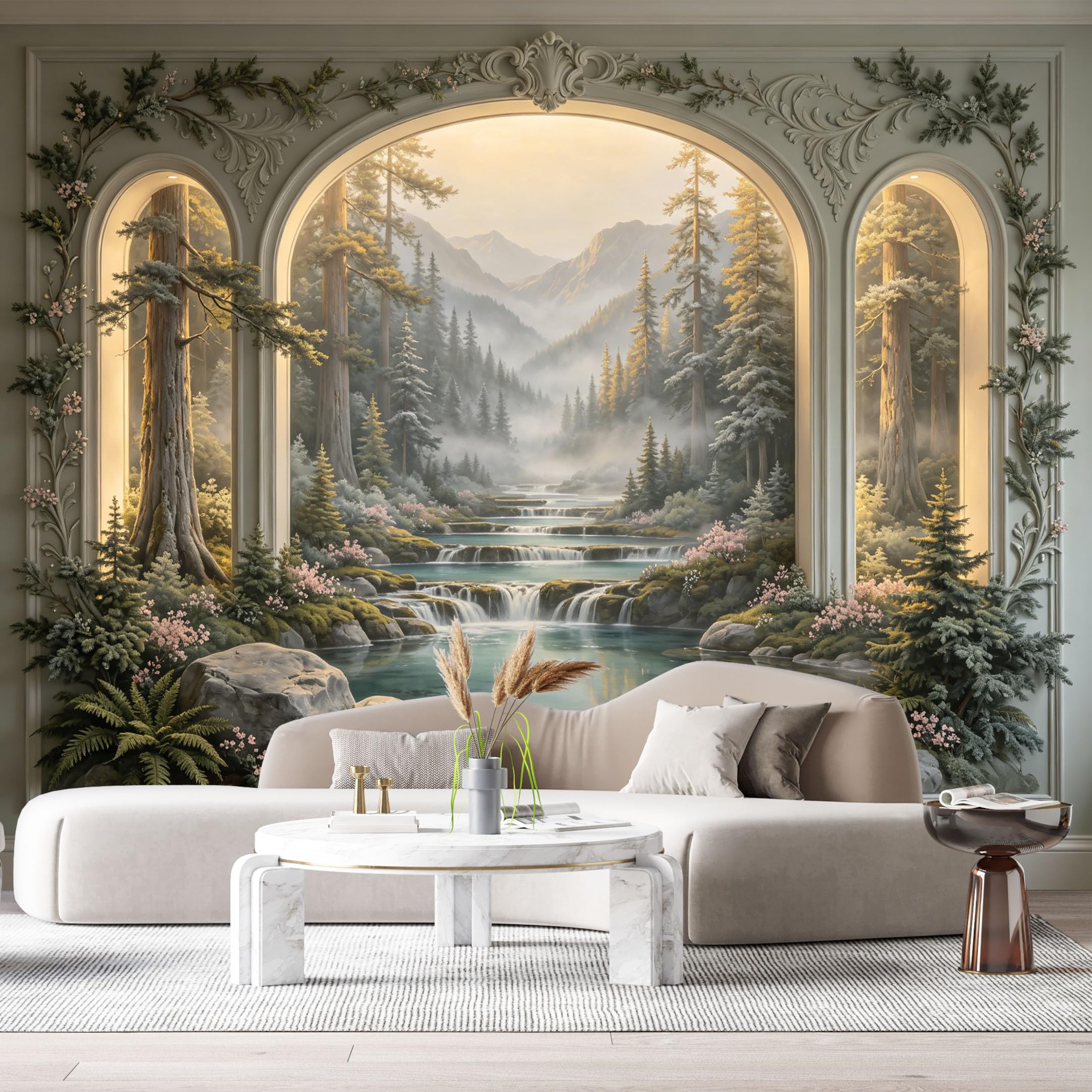 Custom Size Wall Murals Mountain Lake Forest Waterfall 3D Trompe L'Oeil SelfAdhesiveWall Fabric Removable Wallpaper Wall Decor for Living Room Bedroom Bathroom
