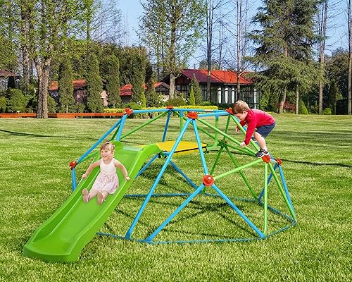 Vista 8 de Zupapa Cúpula de escalada con tobogán, barra de mono de gimnasio de la selva de 8 pies para patio trasero, carga máxima de 440 libras, marco