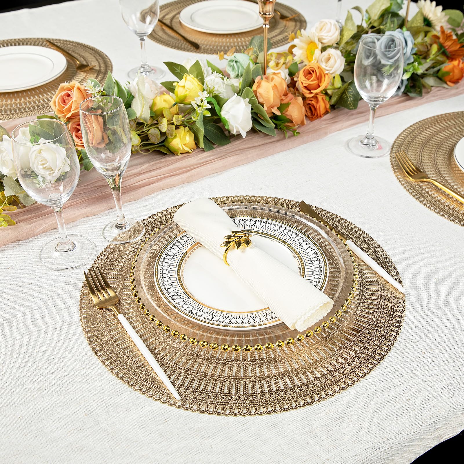 Evevda Runde Tischsets aus Vinyl, goldfarben, metallisch, 6 Stück, ausgehöhlt, für Zuhause, Küche, tägliche Mahlzeiten, Indoor-Outdoor-Aktivitäten :