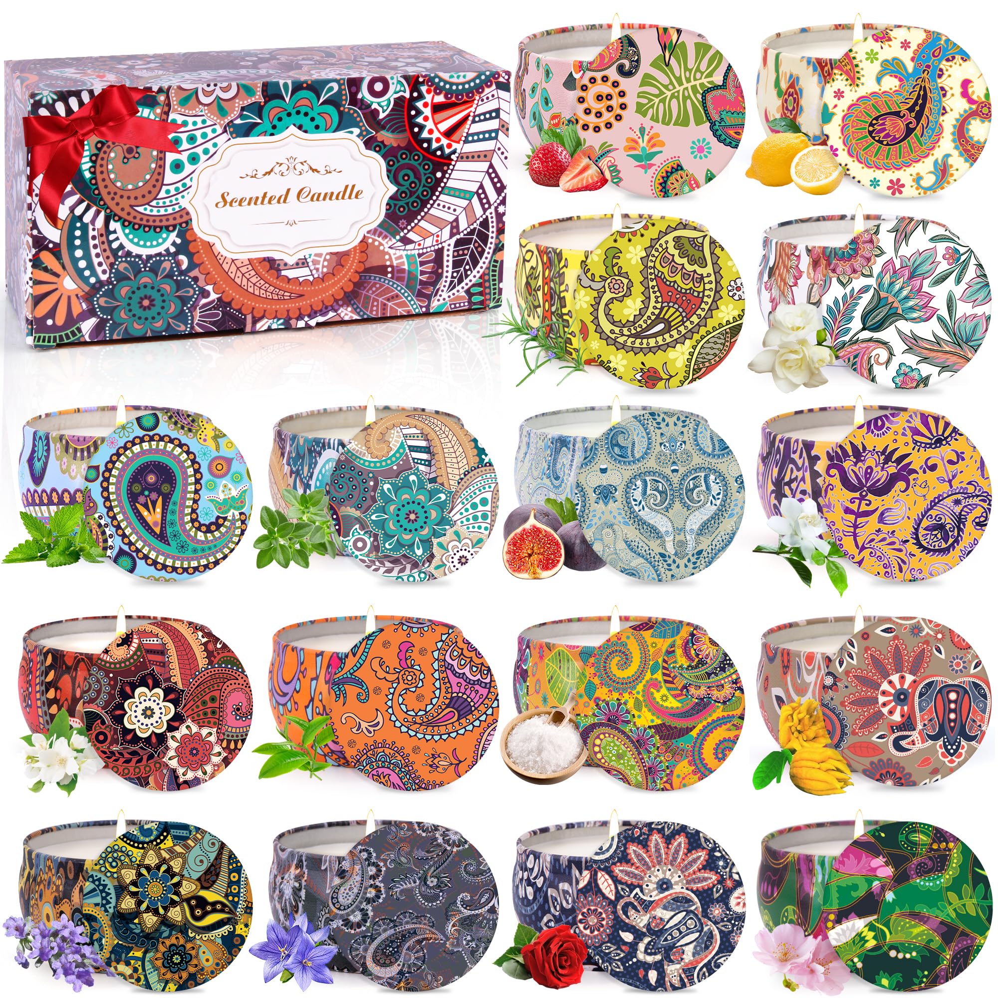 Velas Perfumadas para Navidad, 16x2.2oz Juego de Regalo de Velas Aromáticas para Mujer, Velas de Aromaterapia para Aliviar el Estrés de Mamá, Cera de Soja Natural, Vela Aromática