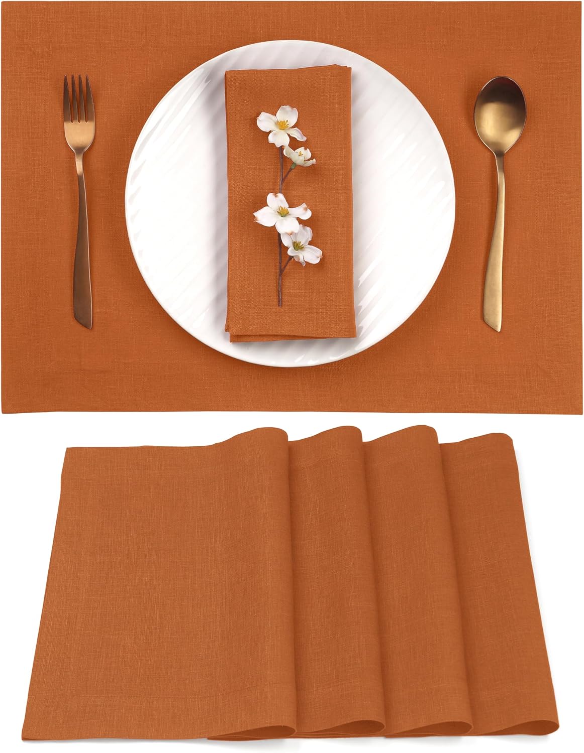 D'Moksha Homes Linen Rust Placemats Set of 4-100% Pure Linen Placemats 14 x 19 Inch for Spring, Easter - Handcrafted and Machine Washable