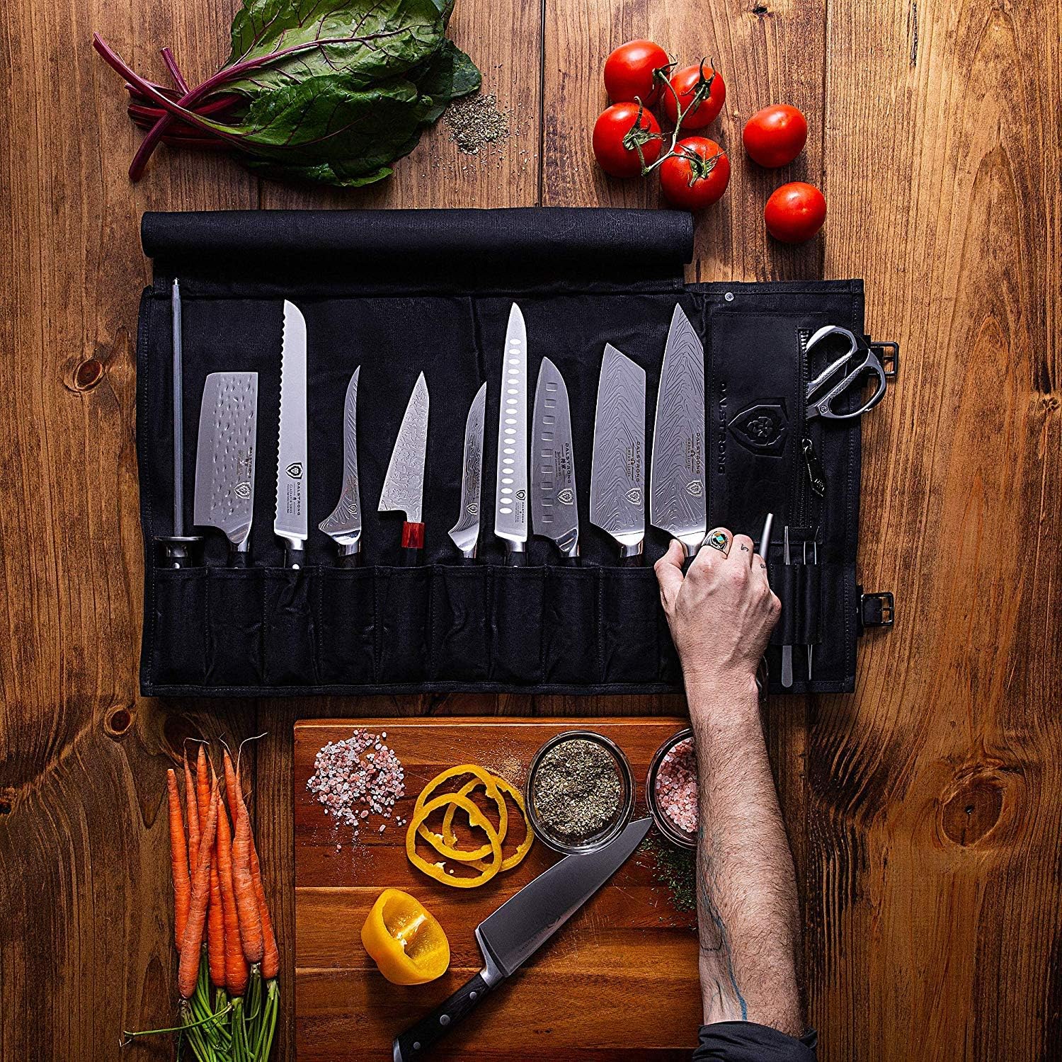 Blасk Frіdау - 50% оƒƒ Dalstrong Nomad Knife Roll - 12oz Heavy Duty Canvas & Top Grain Leather Roll Bag - 13 Slots - Interior and Rear Zippered Pockets - Blade Travel Storage/Case - Nightmaster (Black)