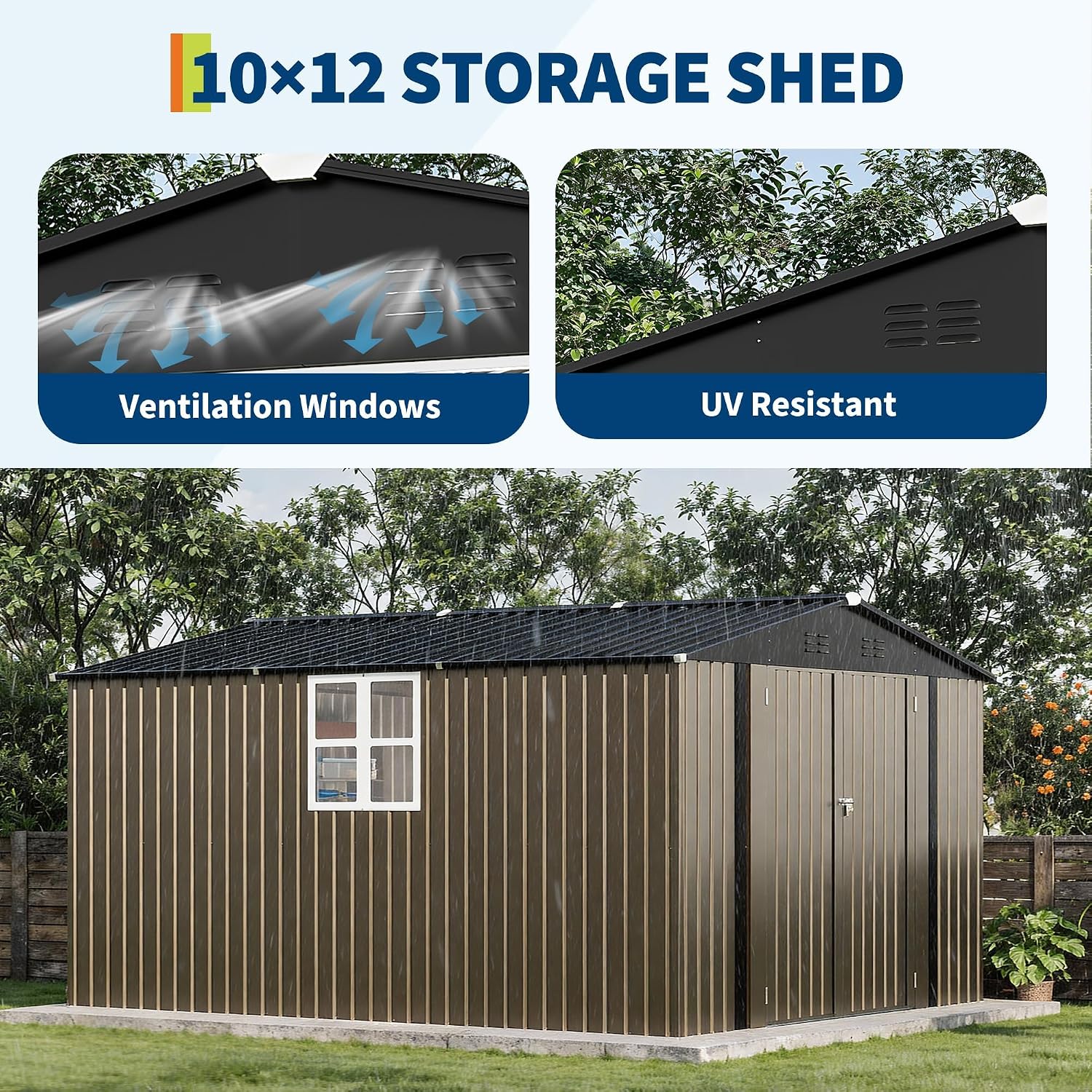 10X12 FT Storage Shed，Lockable Gable Roof Garden Shed with Grid Window, All-Weather Resistant Storage Unit for Bikes, Ladders, Patio Supplies & Garden Essentials