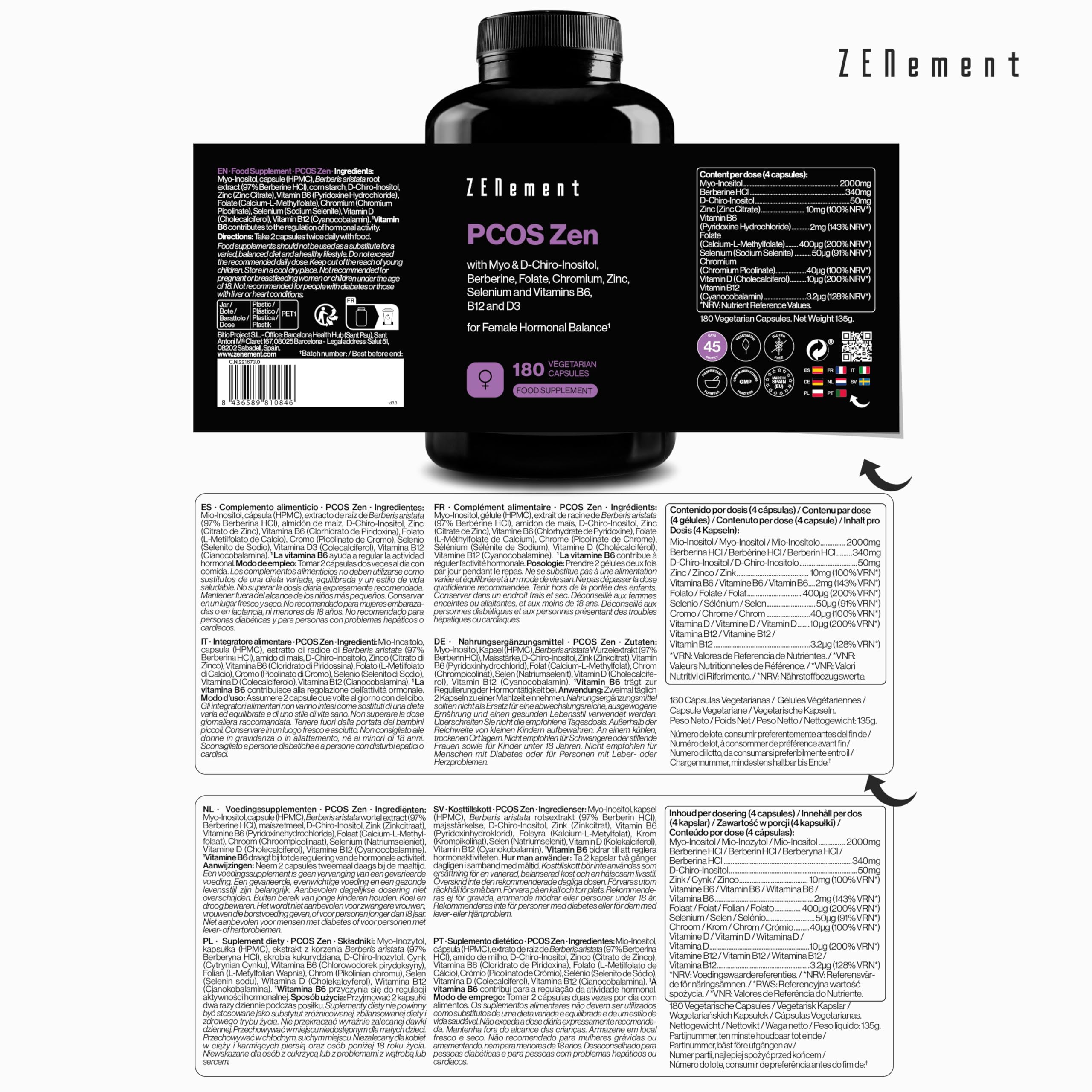 PCOS Zen – Myo-Inositol & D-Chiro-Inositol – Komplettformel bei PCOS – Hormonelles Gleichgewicht & Stoffwechsel-Support für Frauen – 180 Vegane Kapseln – Zenement