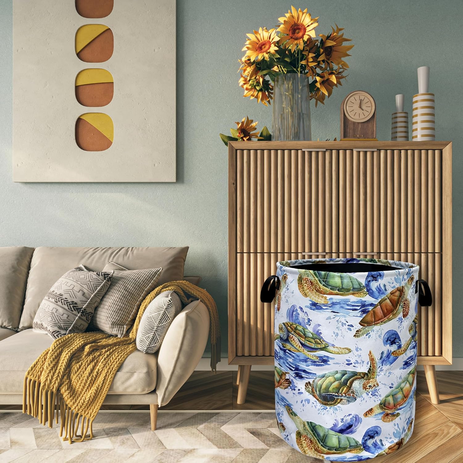 Sea Turtles Laundry Basket With Handles Oxford Cloth Tote Bag Colorful Turtle Laundry Hamper 18.9"x16.5 "Foldable Clothe Storage Bucket Toy Organizer For Bathroom/Laundry/Bedroom