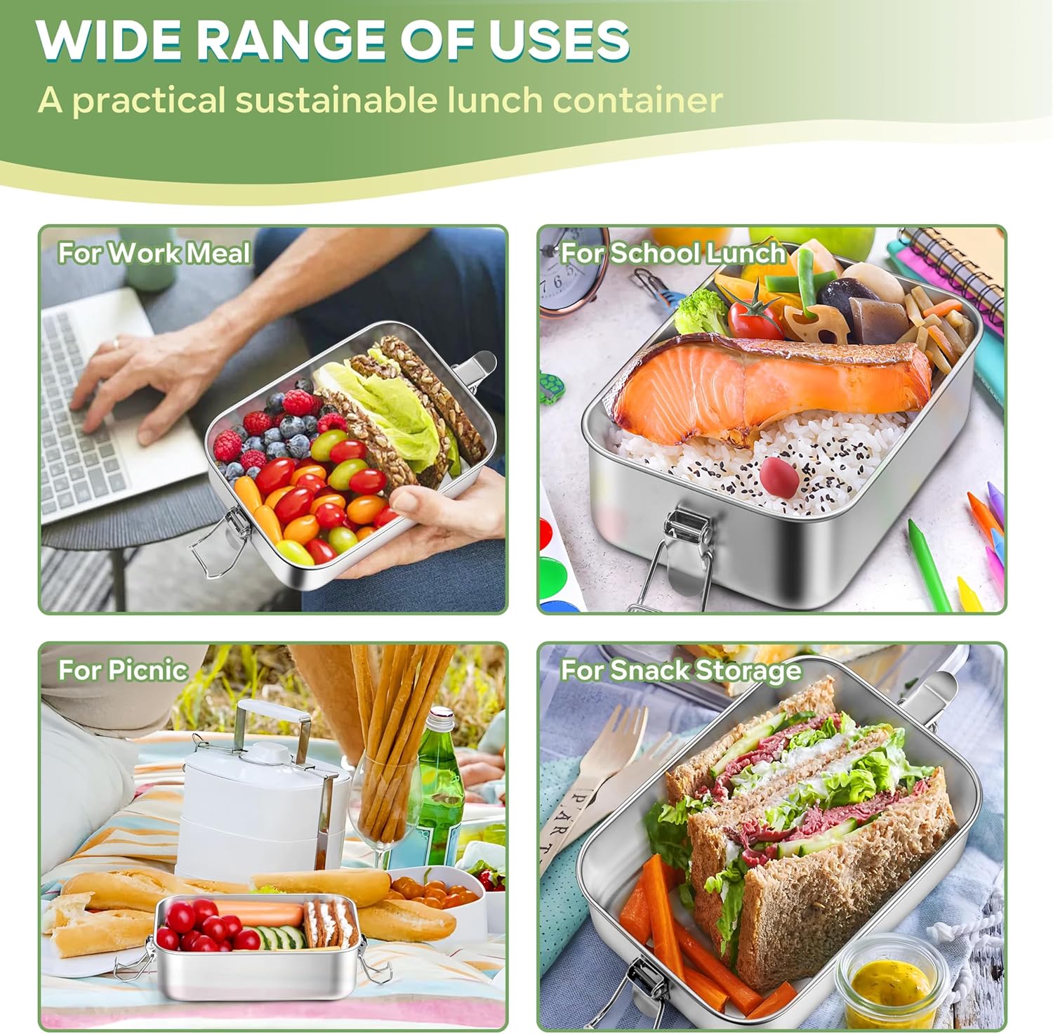 HaWare Stainless Steel Bento Box, 29oz (850ML) Lunch Box Container with Lids and 2 Removable Dividers, Metal Lunch Containers with Locking Clips, Leak-Proof Food Storage Containers for Work School - Image 5