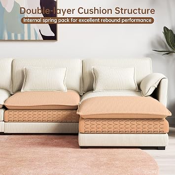 111 L-Shaped Cloud Couch,Modular Sectional Conner Sofa with Ottoman & 3 Pillows,3-Seater Corduroy Deep Seat Sofa for Living Room, Apartment, Off-White | Beige Modular Sofa
