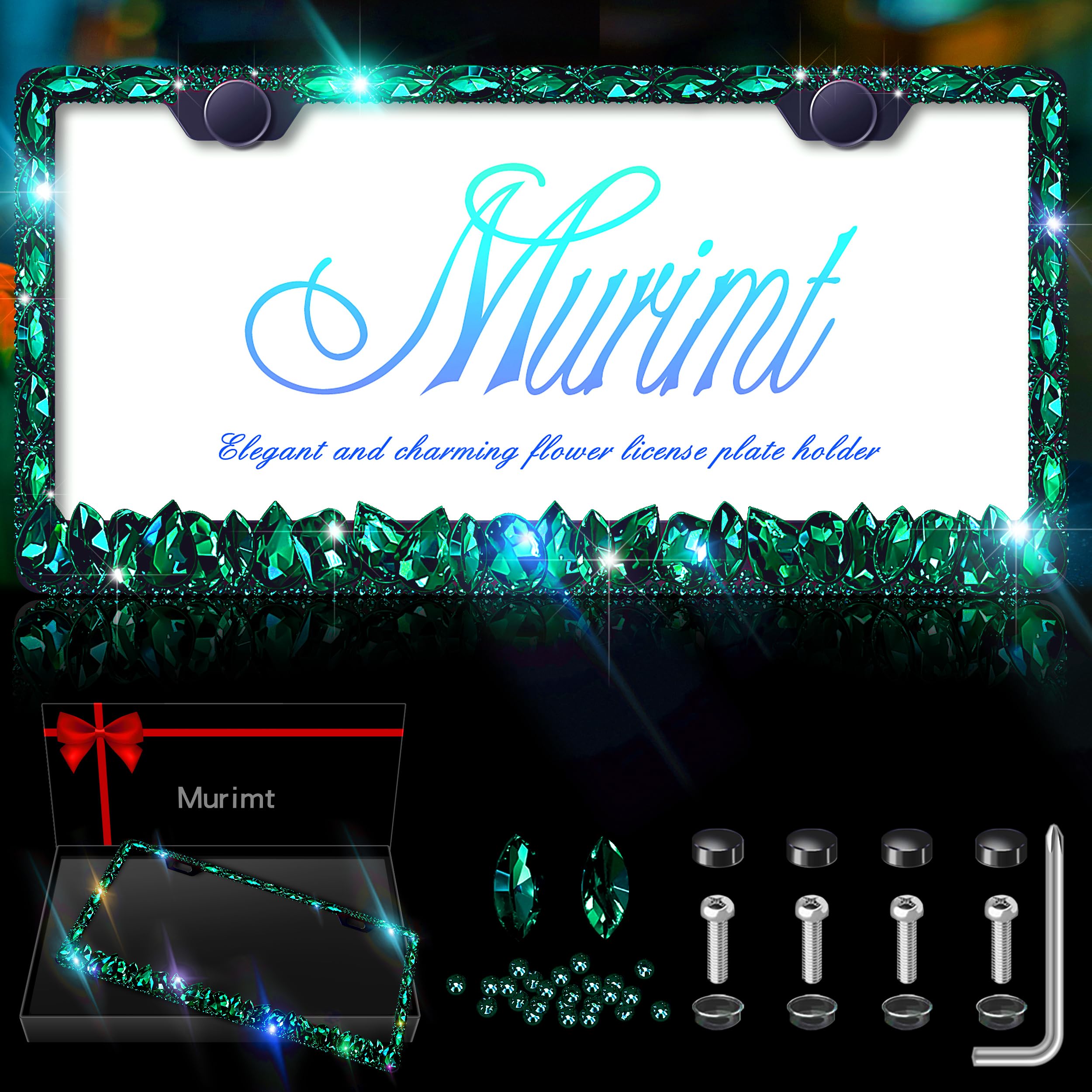 Murimt Green Rhinestone License Plate Frames Sparkly Glitter Bedazzled License Plate Frame Bling License Plate Holder Cover - High End Gift Box Packaging Bling Car Accessories for Women