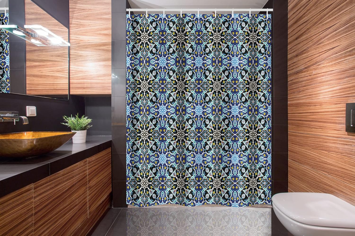Ambesonne Moroccan Stall Shower Curtain, Bohemian Eastern Pattern with Interlacing Lines Historical Roman Influences, Fabric Bathroom Decor Set with Hooks, 54" W x 78" L, Royal Blue