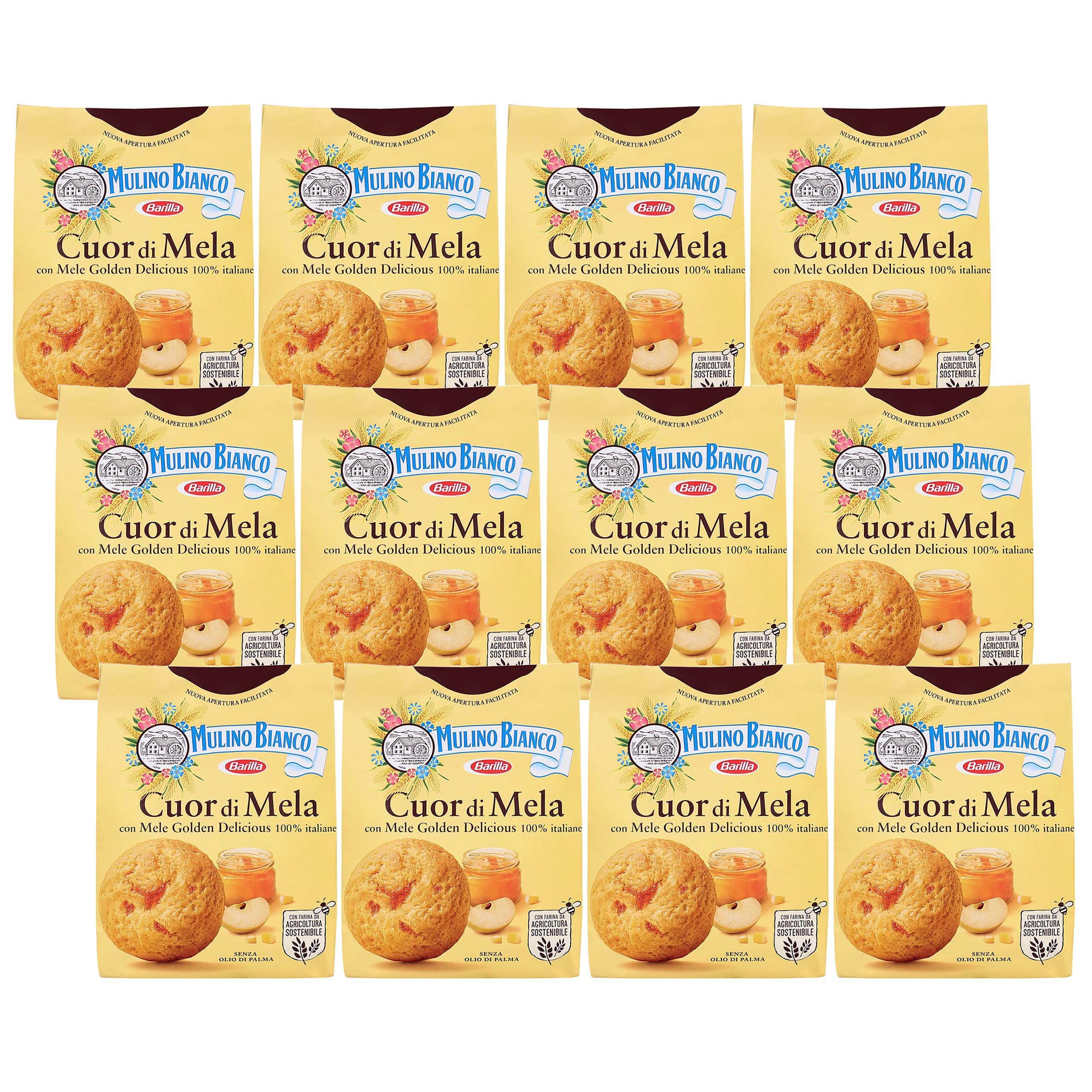 MULINO BIANCO Cuor di Mela - Galletas crujientes y mantecosas rellenas de mermelada de manzana 300g x 12 paquete (Cuor di Mela, x12)