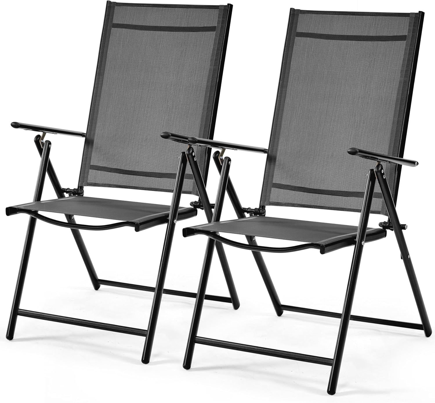 Yaheetech Patio Folding Dining Chairs Set of 2, Stackable Outdoor Lawn Chairs with 8 Adjustable Back Positions and Armrest for Garden, Lawn, Yard and Beach, Dark Gray