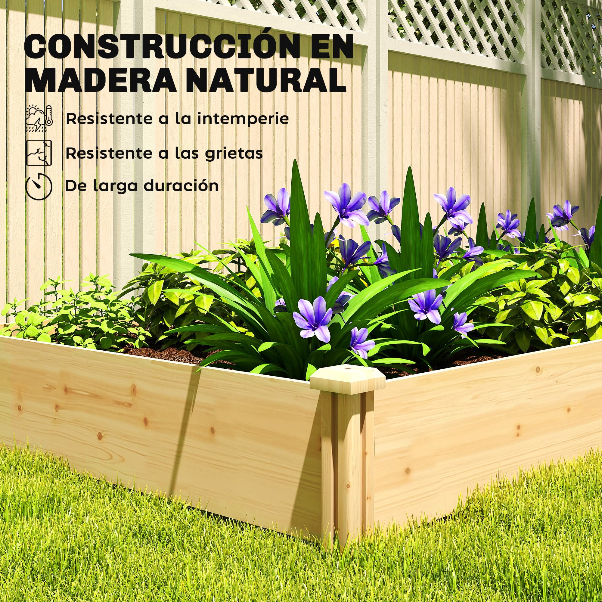 Outsunny Jardinera Elevada de Madera, Huerto Urbano para Cultivar Plantas, Macetero Exterior con Divisor y Base Abierta, Pintura DIY, para Jardín, Terraza, 235x121x26 cm, Natural
