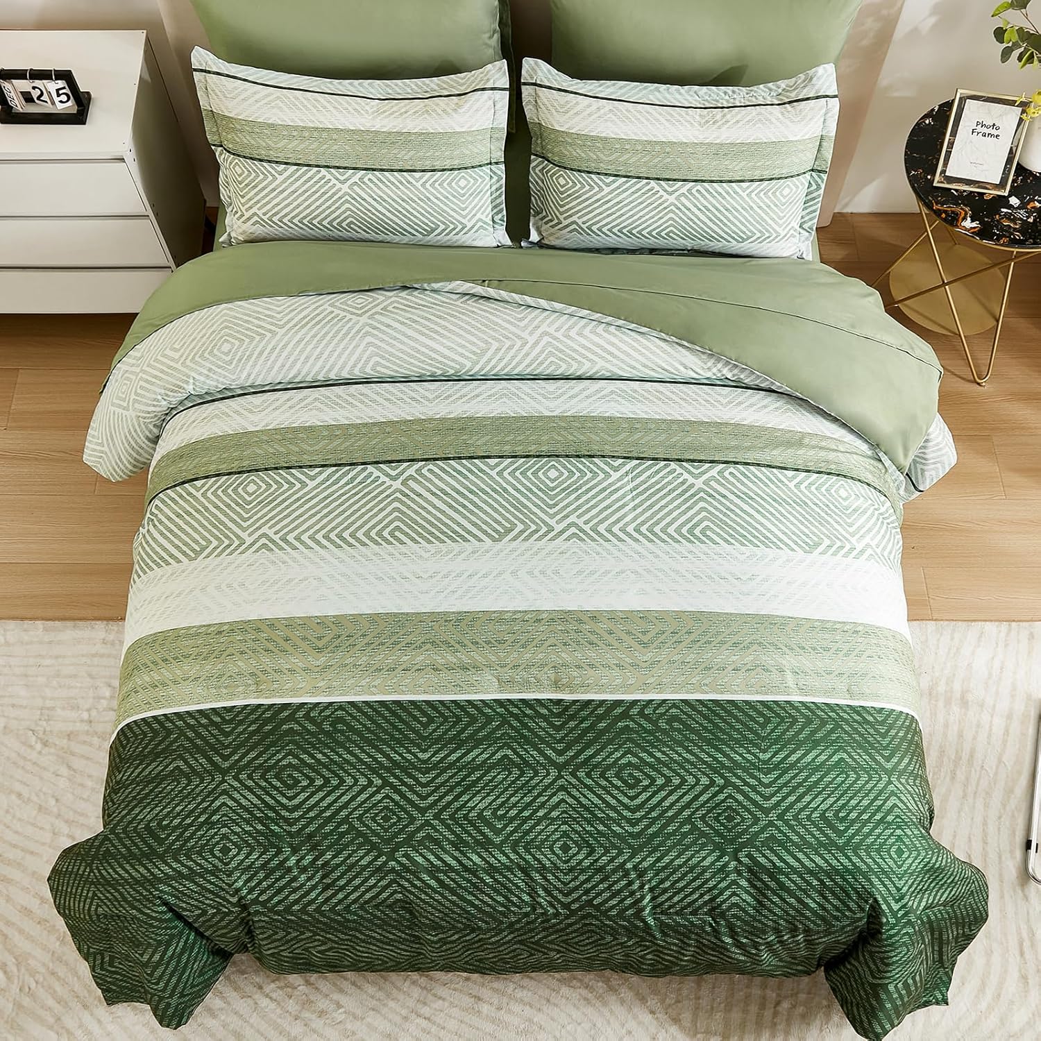 Drucon Christmas Olive Green Striped Comforter Set Queen Size 7 Pieces Reversible Bedding Set, Boho Bed in a Bag, Soft Microfiber Comforter and Sheet Set for All Season - Image 3