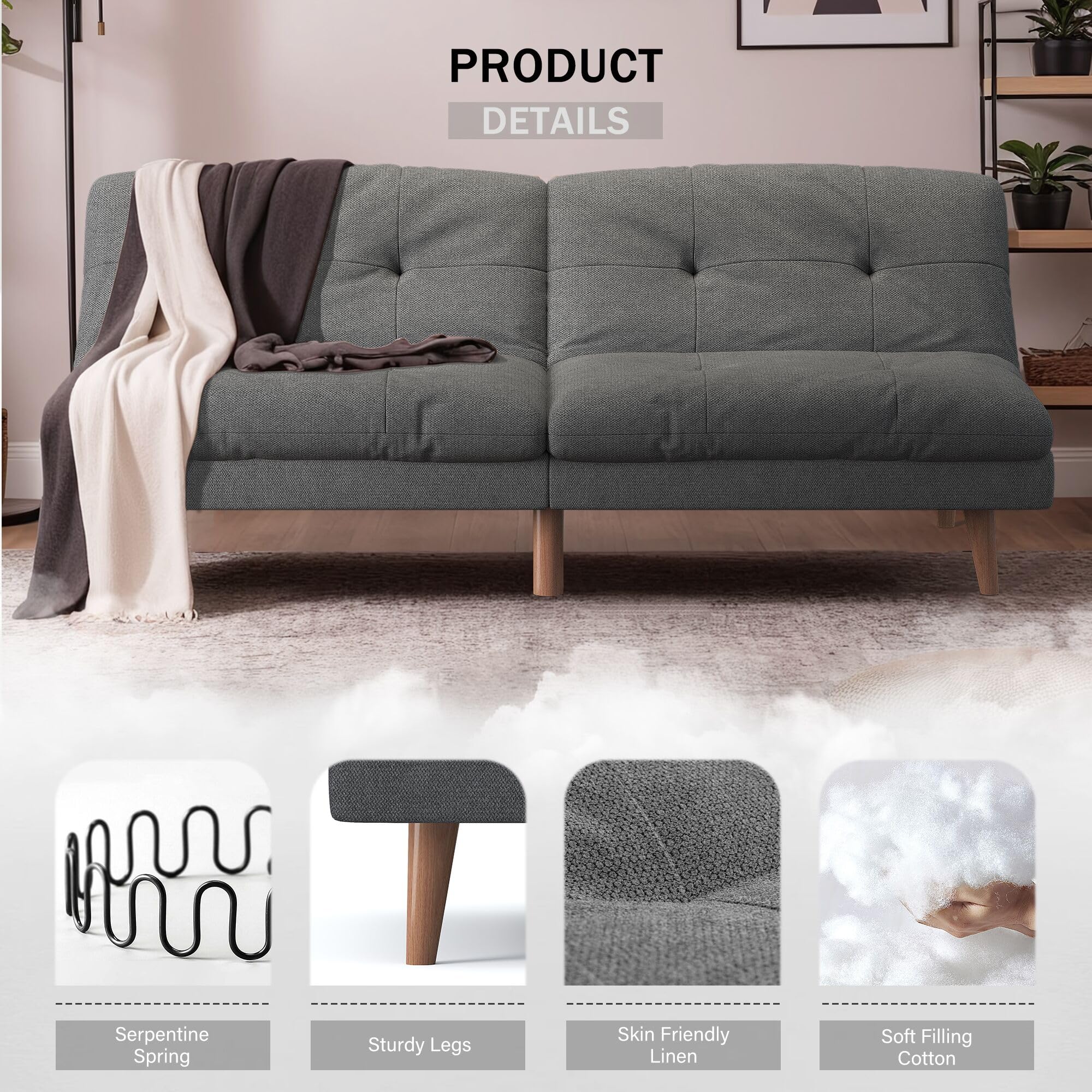 Flamaker 67'' Convertible Linen Futon Sofa Bed with Adjustable Backrest | Upholstered Sleeper Sofa Bed, Modern Solid Wood Frame Loveseat Couch for Apartment, Office & Small Spaces | Grey